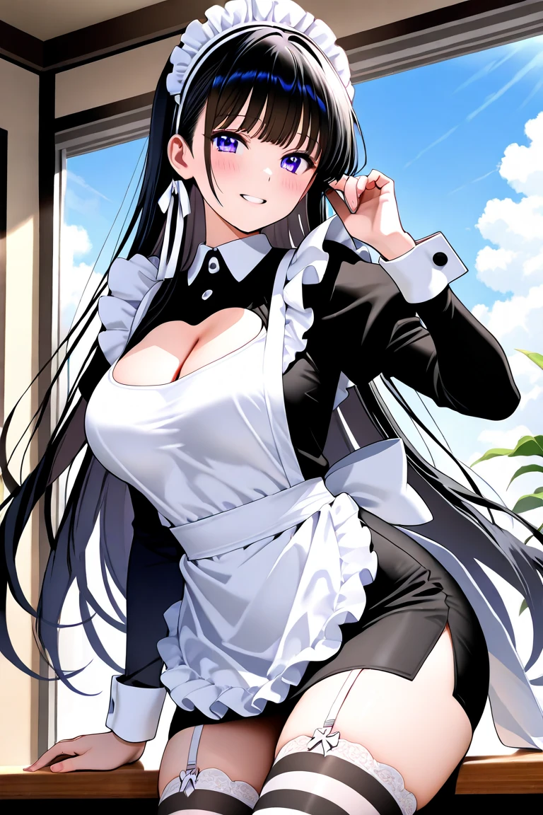 (masterpiece, best quality, extremely detailed CG, beautiful detailed eyes, ultra-detailed, {{{in the motel room}}}, intricate details: 1,2), 8K Wallpaper, elaborate assets, (1girl, alone : 1.4), standing, (anime style textures), very high resolution, (vibrant colors, dynamic lighting: 1.0), (high contrast: 0.8), cookie (Danmachi), breasts, long hair, blue ribbon, (twintails) , gloves, ribbon, dress, king no, himo, big breasts, blue eyes, black hair, (slim), white Gloves, cleavage, white dress, hair ribbon, bow, sleeves, sleeves dress, fringe, cropped neckline, ornament hair, bow tie, cutout clothes, very long hair, level dress, arm ribbon, (full body: 1.1), smile, cute, muscular legs, muscular belly, pants, stand, barefoot