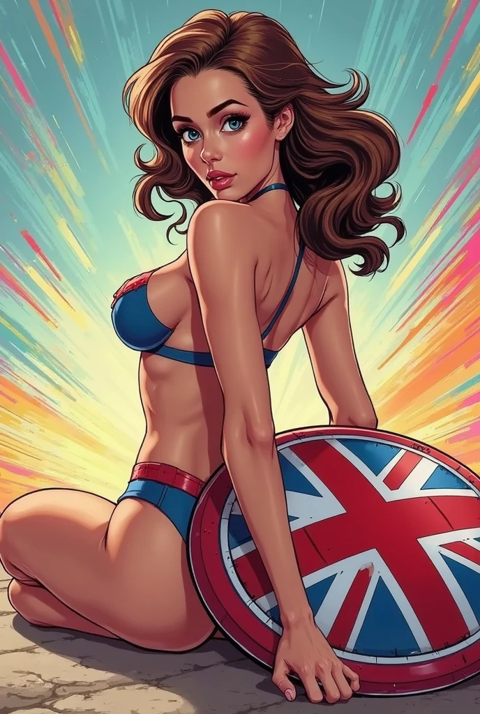 Gorgeous and sultry busty athletic (thin) brunette with sharp facial features and a (big hair) and (huge boobs) wearing a star-spangled bikini, Americana, swimming pool.