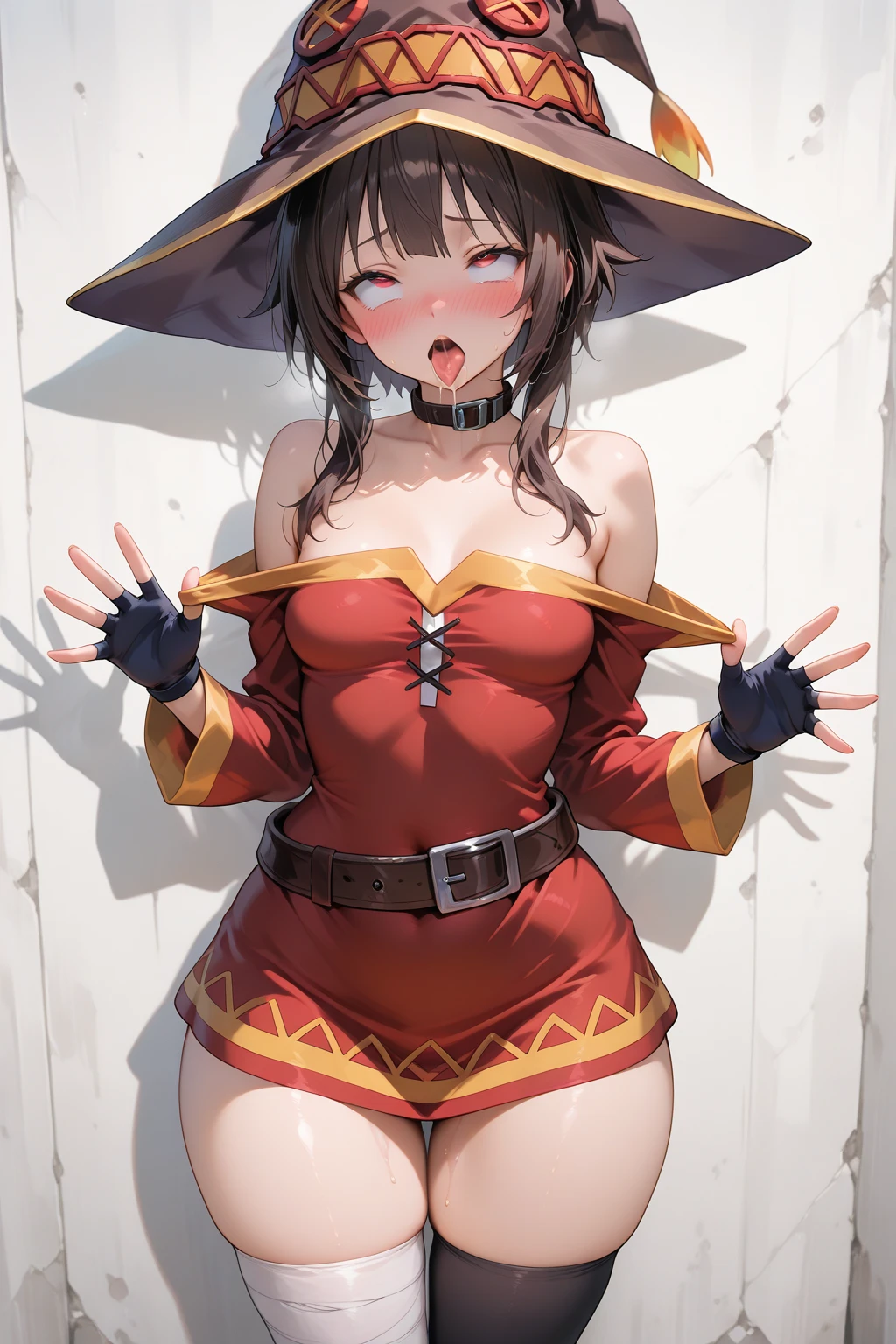 (small breasts), (shy smile), (blush), indoors, (bra lift), (bare breasts), (beautiful tits), Megumin, 1girl, bandages, belt, black_gloves, black_hair, black, black_legwear, cape, collar, collarbone, dress, fingerless_gloves, gloves, hat, red_dress, red_eyes, single_thighhigh, witch_hat, looking at viewer,from behind POV,skirt lift,exposed pussy,NSFW,spread pussy