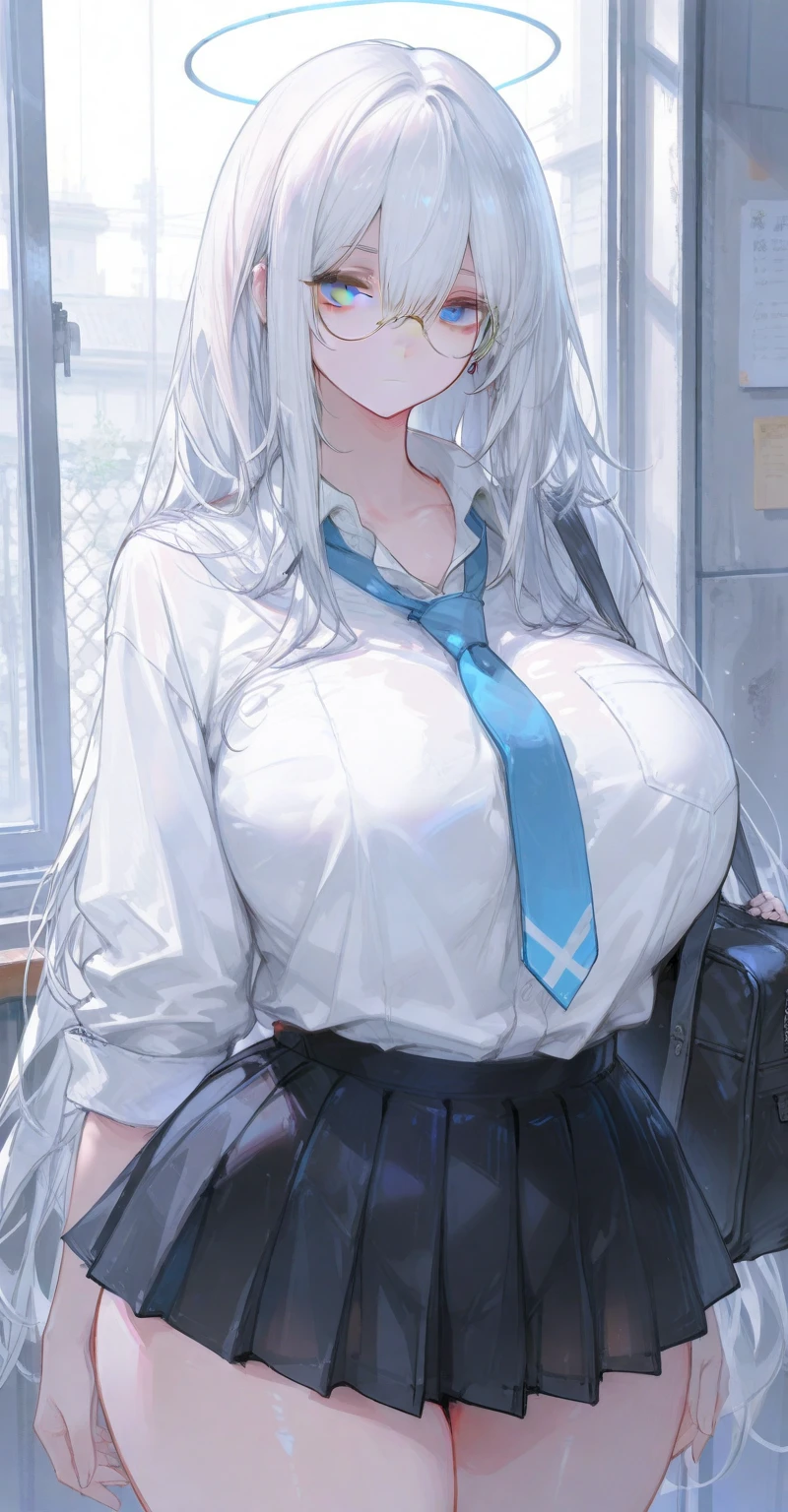 1girll,Solo,Large breasts, Invitation letter from Paizuri, Unbuttoned, Open shirt,