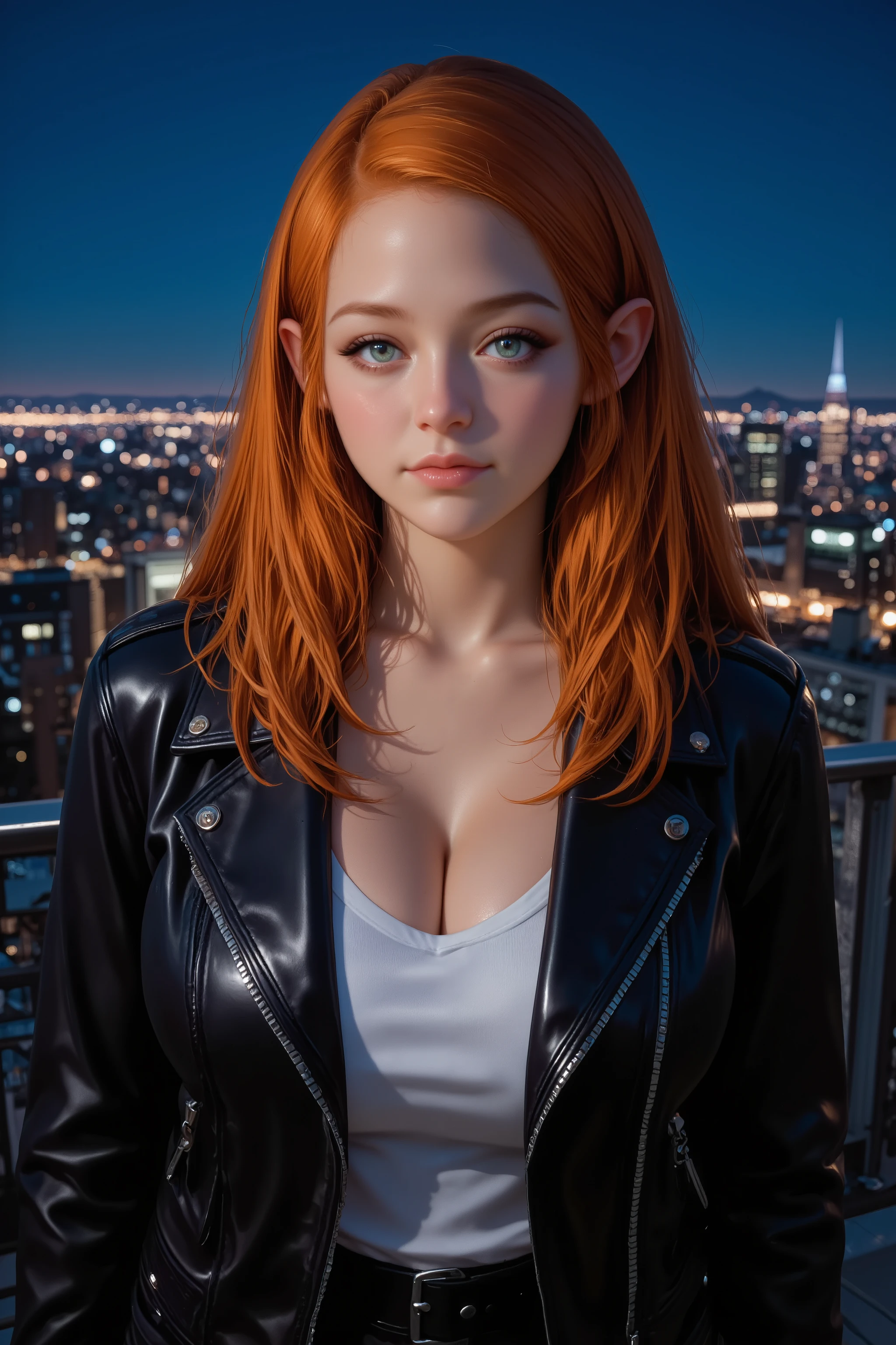 A high-resolution professional portrait photograph of an ap0lon13lf style woman, with long orange hair and green eyes, wearing a black leather jacket over a white tank top. She stands on a rooftop at night, with a cityscape of brightly lit buildings in the background. The camera angle is slightly low, focusing on her upper body. The composition uses the rule of thirds, with leading lines from the rooftop railing. Medium close-up. Soft, even lighting highlights her features.