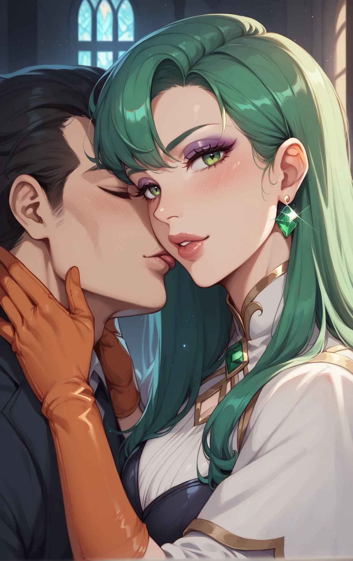 2guys, kiss, romantic, hug, Kiss on cheek
1guy, dark green hair, ((long hair)), open forehead, (pale skin), blue eyes, black robe, bare shoulders, bare chest, smile on the kiss, makeup, ((male breast))
1guy, pale skin, black hair, long hair, curly hair, yellow eyes, grey robe, open chest, red lips, ((male breast))