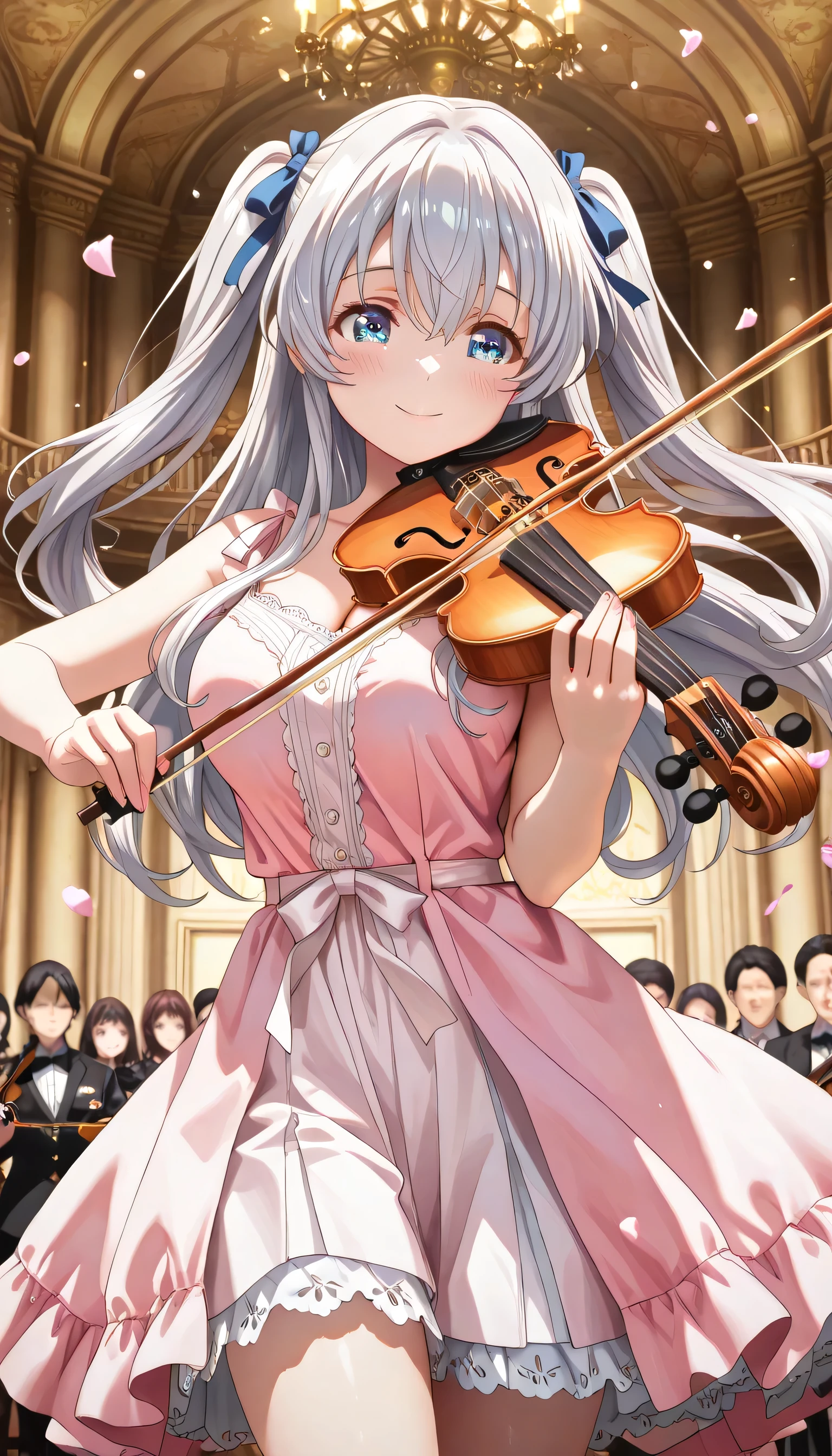 ((ultra-detailed)), (highly detailed CG illustration), (best quality:1.2), ultra-highly detailed, colorful composition, artistic photoshoot, 1girl, solo focus, thigh to top:, cowboy shot, moe anime character, girl, dainty facial structure, round face, rounded chin:1.2, celia-default, celia claire, short stature, blue eyes:1.3, sagging eyes:1.3, silver hair:1.3, long hair, two side up, hair ribbon with pink, play the violin, ultra-detailed violin, best quality violin, hold a bow in hand, ample breasts, leavage, pink evening dress, sleeveless, , from front, expecting, pink cheek, blush, light pink gloss slip, petals glowing and fluttering, best quality, masterpiece, standing in the classical concert hall, orchestra, String players, portrait, dynamic pose, depth of field, soft lighting, sidelighting, shine, lighting, caustics, ray tracing, smile, perfect face, lustrous skin, highly detailed face, highly detailed eyes, perfect face, perfect nose, perfect hair, perfect eyes, perfect anatomy, beautiful hair, beautiful small face, extremely detailed face, beautiful detailed eyes, beautiful clavicle, beautiful body, beautiful ample breasts, leavage, breasts squeezed together, equalize the size of the left and right breasts, beautiful thin thighs, beautiful legs, beautiful fingers, 4 fingers, 1 thumb, lovely, (very detailed background:1.0), (highly detailed background:1.0), spring aesthetic, intricate details, enjoy the performance atmosphere, spring colors palette, chromatic aberration