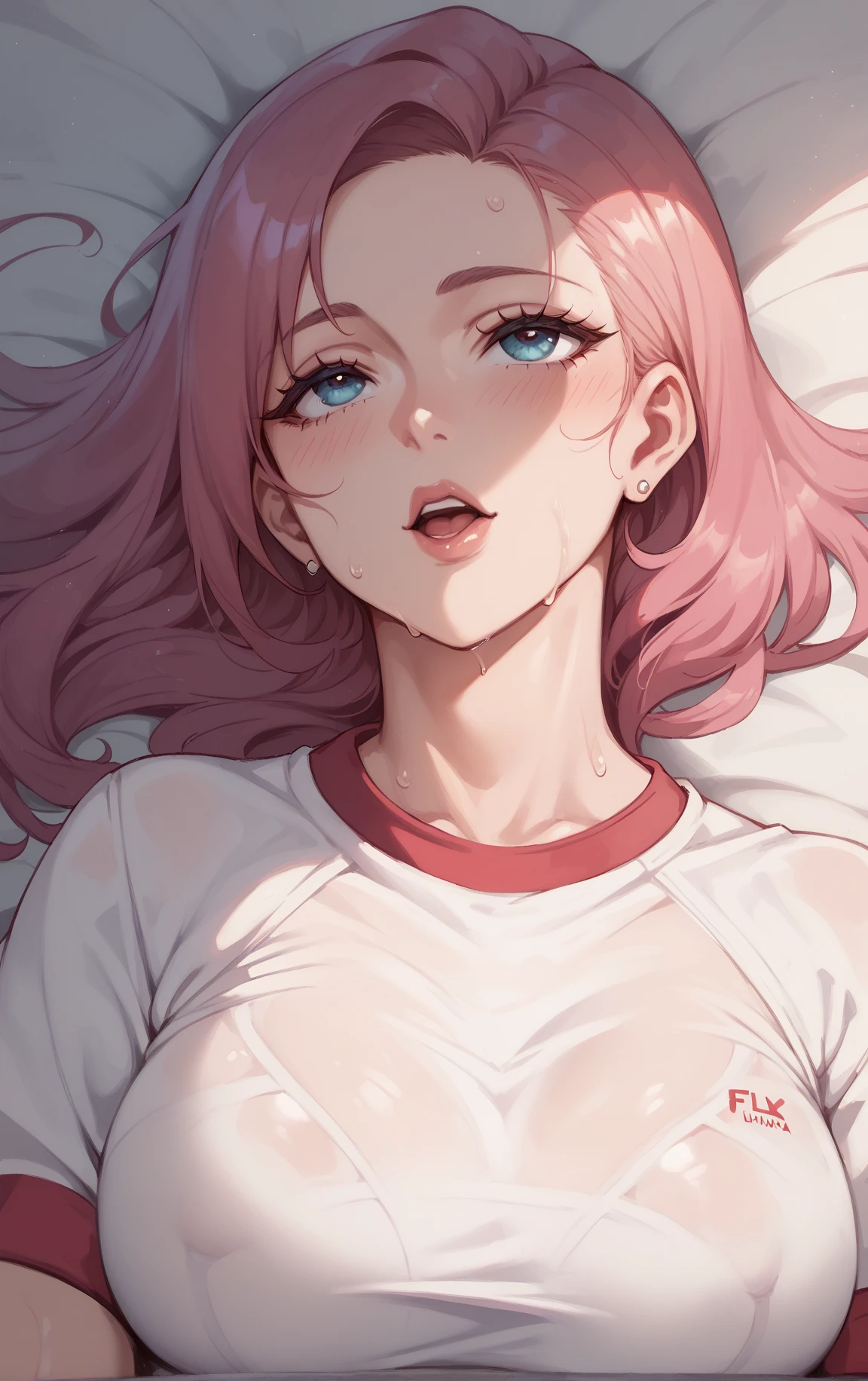 (best quality,4k,8k,high resolution,masterpiece:1.2),super detailed,(actual,realistically,realistically:1.37), Ultra high definition face, Dahlia Hawthorne, long red hair, Red eyes, Close-up of a woman in a skirt sitting on the bed, V-shaped bust clothes, , white dress, translucent dress, big cleavage, big deal breasts, big deal , 最big deal乳房, 巨big deal乳房, thin waist, fitness model, red face, Sweat