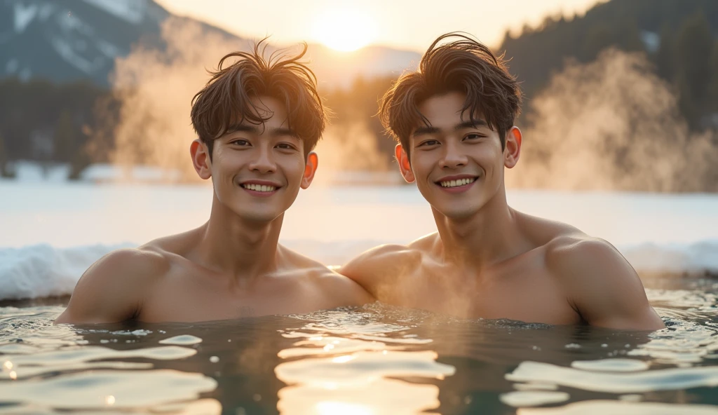 2boys, naked, completely , muscular, handsome, outdoor, bathing with steam, hot spring, onsen, sweat, look at viewer, depth of field, bokeh, detailed background, detailed lighting, diffused natural sunlight, diffused natural skin glow, symmetry eyes