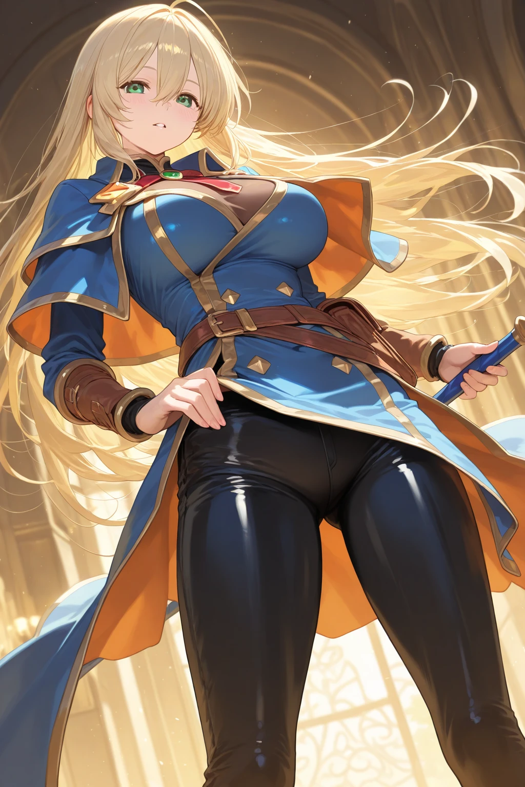 A full-body portrait of a young woman in anime style, with long, light blonde hair, framed by a white mantle adorned with golden details. She has intense blue eyes and wears a form-fitting blue armor with intricate engravings of leaves and flowers, and golden metal pieces covering her shoulders and arms. A dark brown leather belt with metallic buckles secures her armor at the waist. She wears brown leather boots, standing in a dynamic action pose. A cross-shaped pendant adorns her chest. The background features a blue sky with fluffy clouds, highlighting her majestic and noble appearance, visible from head to toe, wear tight pants