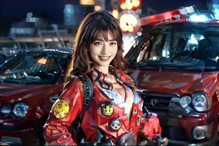Navy lingerie、red firefighter jacket, Opening legs、Beautie、cute little、Building on fire in the background、the morning sun、Colossal tits