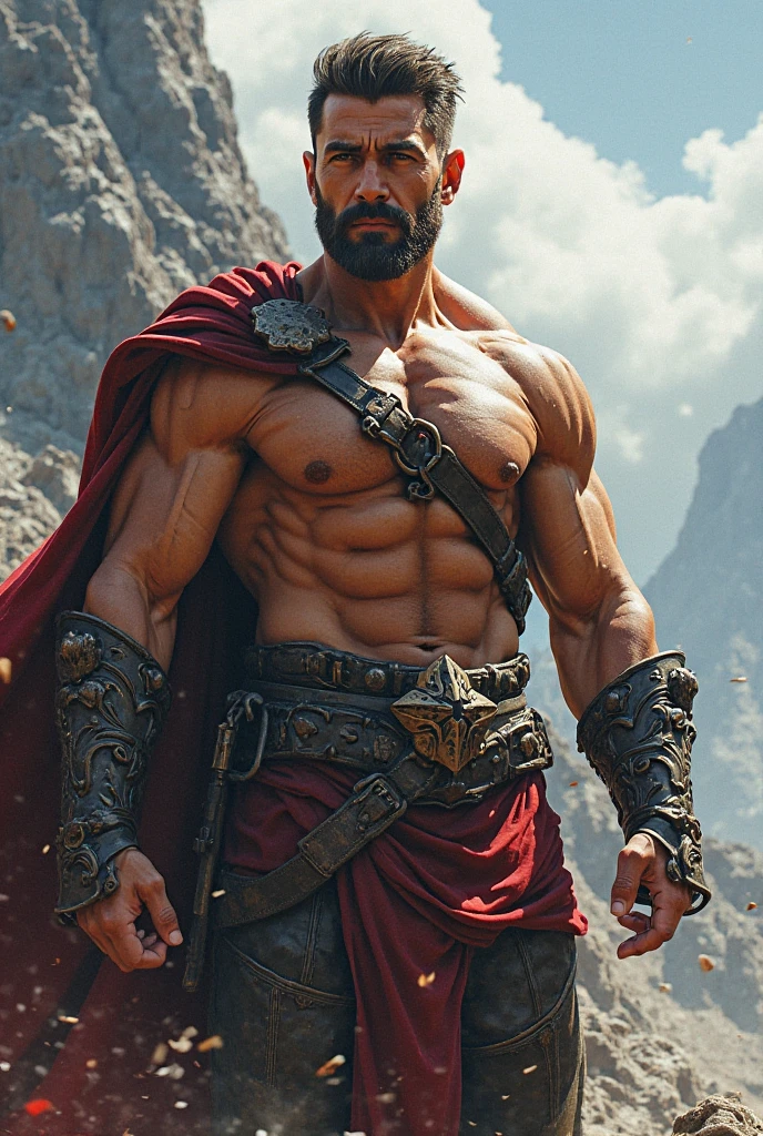 create a spartan), Greek God style, wearing Spartan armor, strong and muscular, Jamie Dornan, strong and muscular, (Moreno with model face), wearing dark beard, dark short hair, man similar to actor jamie dornan, (high quality and realistic image), sparta city background, cinematic style, ((Best quality, 8k, Masterpiece).