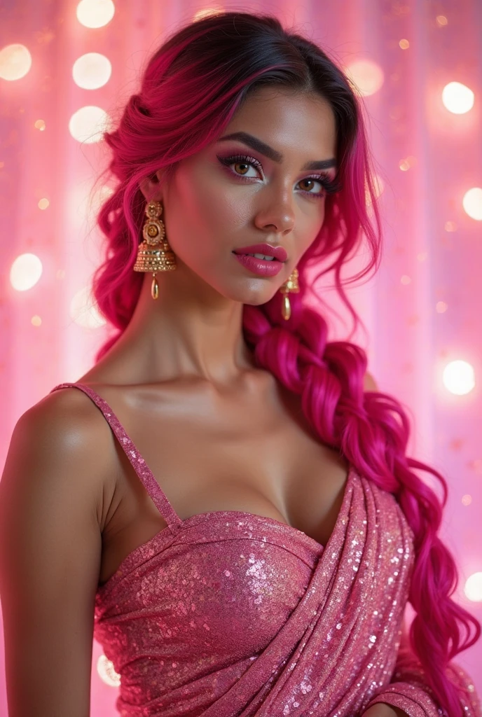 ((Indian milf, indian woman, milf)), (((ultra realistic))) Photo, priyanka chopra, masterpiece, top quality, (pale skin), (Ultra detailed face and eyes:1.2), 1 girl, Adult, ((in one size too small tight lingerie)), strapless bra, ((very heavy eye makeup, pink mascara)), ((fake detailed lips)), ((Pink wavy hair)), ((Stylish hairstyle)) , (({Enormous|Gigantic|Big|Huge|Mega|Fake} pushed-up breasts)), (very slim waist). ((very huge cleavage)), photoshoot, (Soft) Lighting, (The play of light and shadows), depth of field, bokeh, (special attention to skin detail: 1.2), (special attention to enormous breast size: 1.2), (((special attention to extra tight clothing size: 1.2))), Detailed texture, skin pores, oily skin. (Erotic atmosphere of the frame. Color range - purple, Pink, Tons), UDR, ((Film grain)), ((rays)), (Glare), ((upper body body)) , ultra detialed,