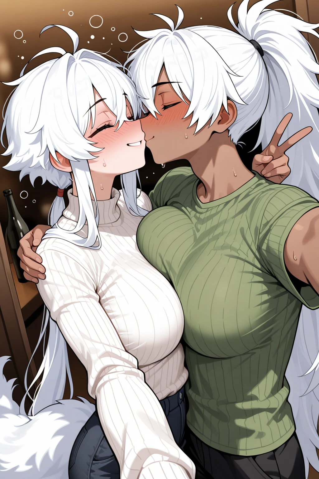2heads, a tall chubby woman with 2 heads. She has enormous breasts. She is naked, nude. She is in an executive office. Titfuck, POV paizuri. She has enormous fat breasts. She looks nerdy. Large circular glasses. She is smiling wide. She looks drunk. She has messy hair. She has giant hard nipples. She has gigantic fat breasts. She looks young. Huge lips, giant perky lips. Blushing, aroused. Titfuck, penis between breasts, covered in semen. Kiss, kissing, making out.