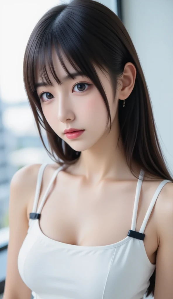 Highest quality, (beautiful)、lingerie、Larger breasts、Brown Hair、looking at the camera、、Prone、Close-up、Selfie
