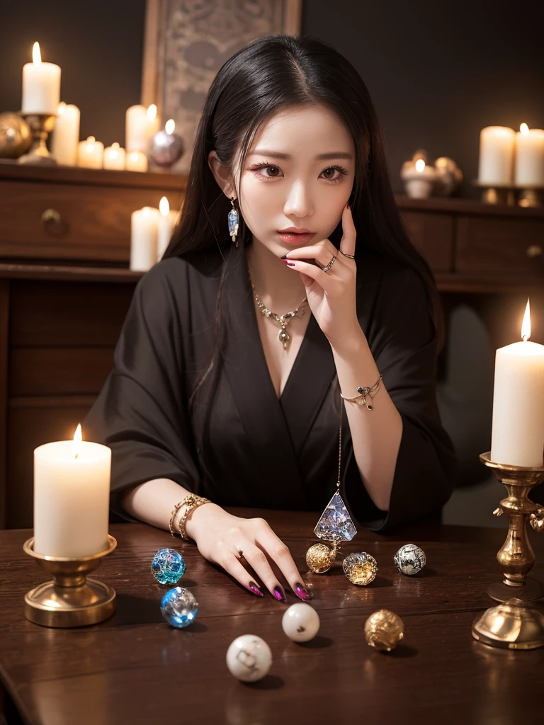 最high quality, masterpiece, there is nothing, 1 female, Age 35, Japanese, Western style fortune teller costume, hair ornaments, necklace, jewelry, Beautiful Face, Gentle smile, On top of that_body, Tyndall effect, Realistic, Fortune Telling Room, Candles on the table, Tarot Cards, Rim Light, Two-tone lighting, (High resolutionの肌:1.2), 8k uhd, Digital SLR, Soft lighting, high quality, Volumetric lighting, Frank, photograph, High resolution, 4K, 8k, Bokeh