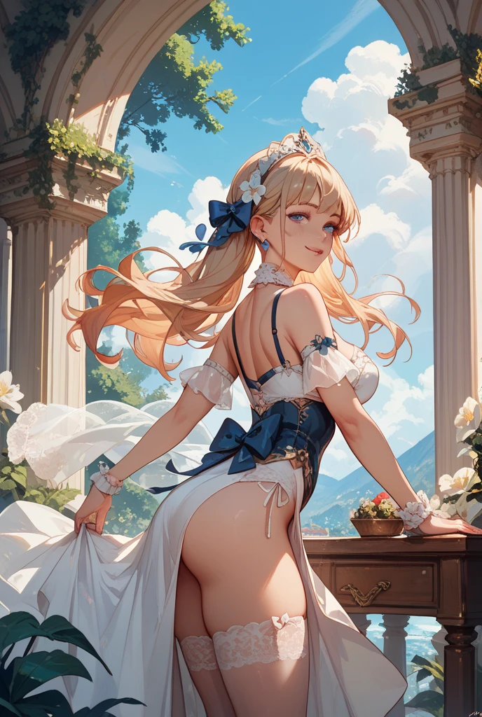 (looking back),Vulgar,low angle,from below, ((panty shot)),(nsfw:1.5), ((lifting skirt)),((white panties focus)), ((1girl, skirt lifted by the wind,showing white panties masterpiece:1.4, best quality)),(Vulgar,nsfw),(skirt lift,very windy),(beautiful elegant white panties),very low angle,from below),((masterpiece, highest resolution,best quality)), (beautiful photo realistic illustration), ((semi long beautiful blonde hair,blunt bangs,pony tail,beautiful eyes)),(solo),(beautiful elegant light blue sexy knit one piece skirt,skirt lifted by the wind),(looking back at the viewer), (walking around the flower park),
(innocent smile, Embarrassed),(white over-kneehighs,Lace chalker, wristband, fingerless gloves, over-kneehighs,
Lace chalker, diamond necklace,wristband, fingerless gloves, earrings), (cinematic lighting, very windy),flower park,big city,busy street,day,blue sky,flowers and trees,crowded,(from the ground),(beautiful elegant Underwear patterns),
