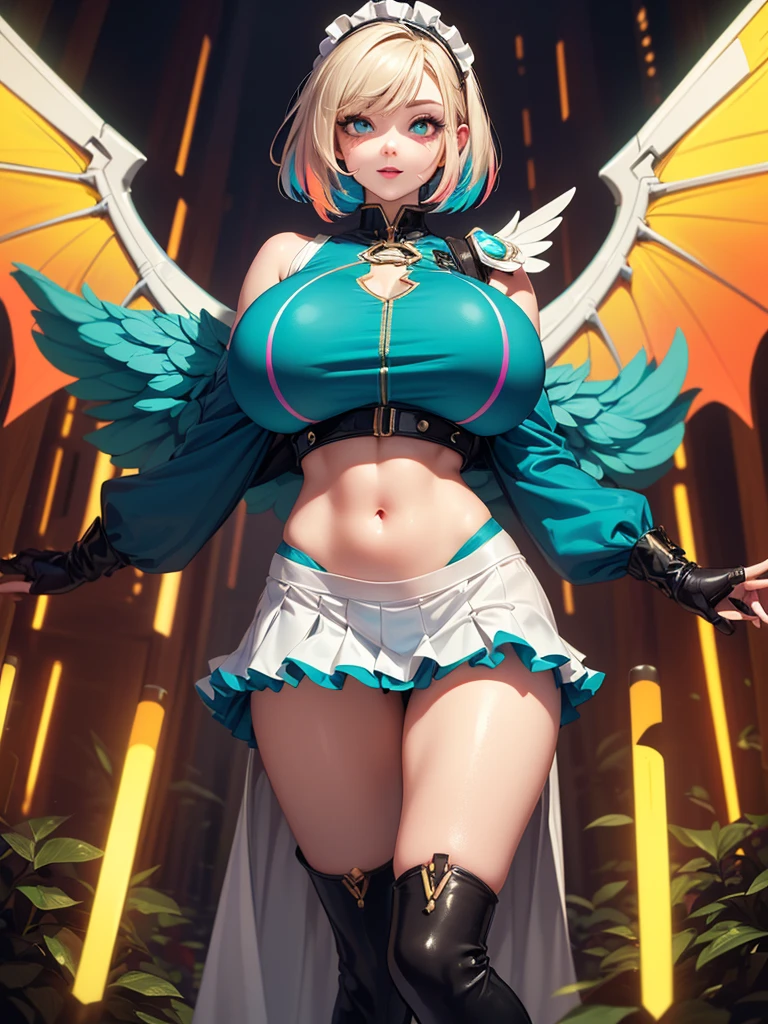 (Obra maestra:1.2), (La mejor calidad:1.2), Perfect lighting, Chica Maga Oscura lanzando un hechizo, flotando en el aire, tetas grandes, escote, desde arriba, Destellos de magia. Luces artificiales. Pose sejustiva y sexy