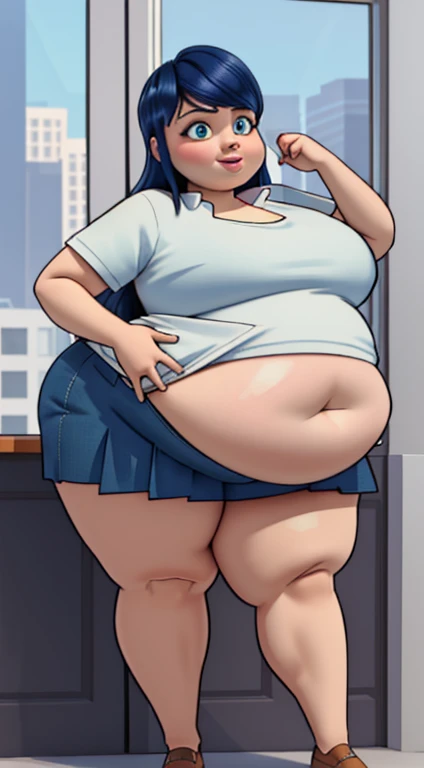 (masterpiece, best quality), 1girls, big belly, blurry background, huge belly, art by kipteitei, round belly, chubby, curvy, white button-up shirt, skirt, thighhighs, simple_background, gradient_background, belly bursting out of shirt, belly grab, enormous belly, fat belly, thicc, bigger belly, sitting on chair, really big belly, jiggly belly, shirt covering belly, belly cover by shirt, glasses