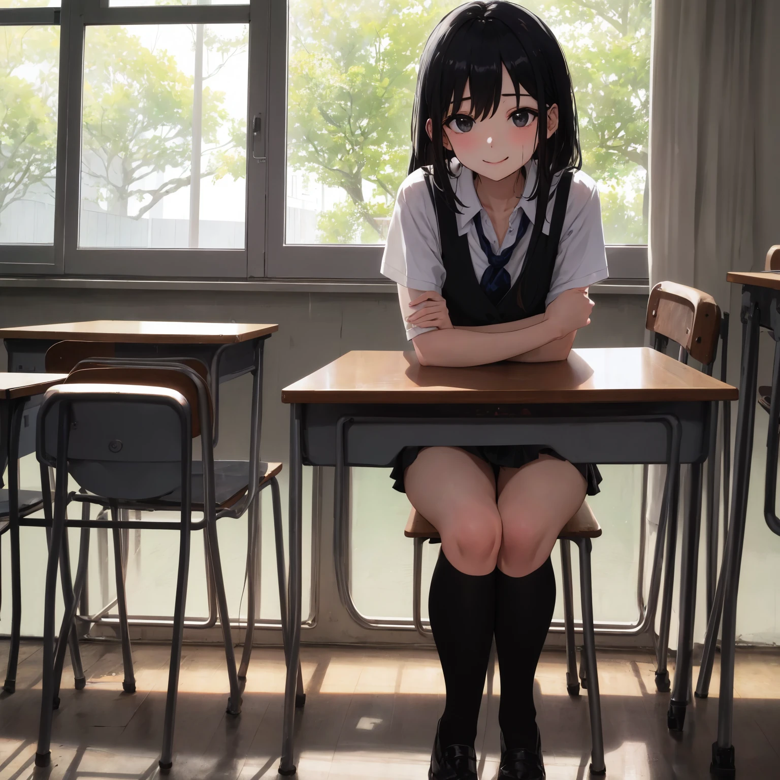 (masterpiece, 4K resolution, Super realistic, very detailed), girl、、12 years old、blazer、sit on a chair、classroom、Holding pink panties with both hands、smile、black hair、bob cut、