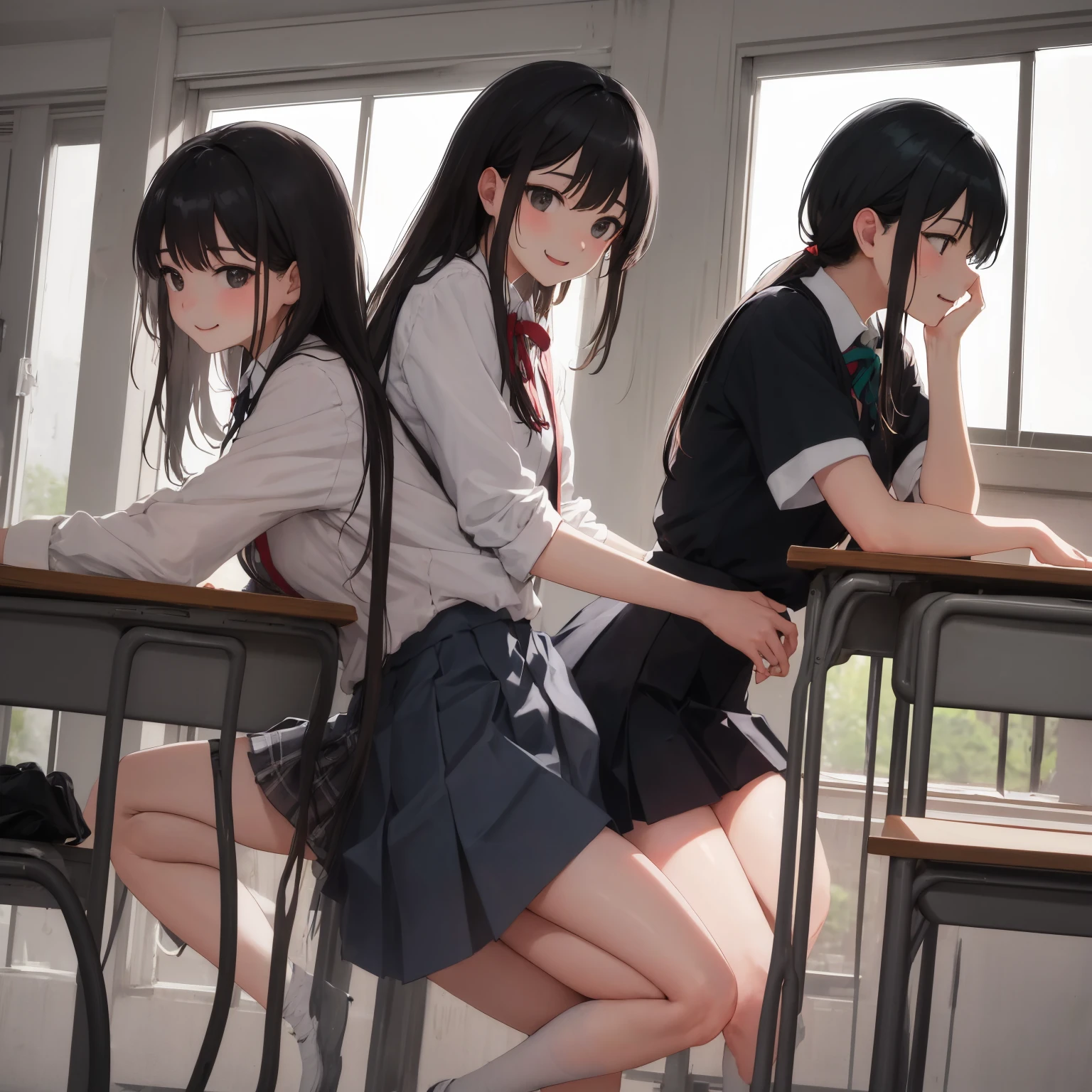 A group of female students, (in classroom), various hair styles, harem, post apocalyptic, details face, short skirt, seducing, school uniforms, dirty body, shattered glass