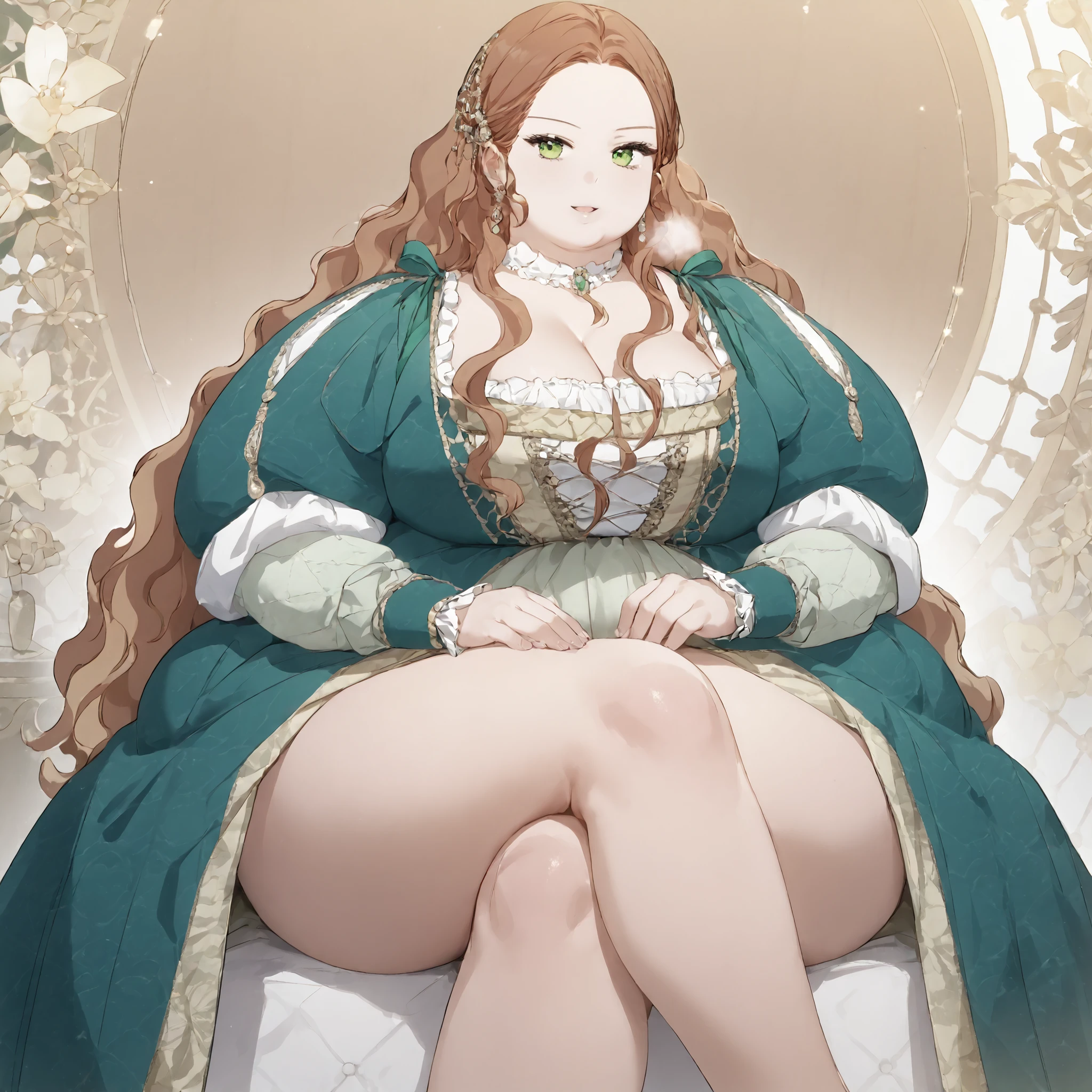 Brown haired woman, Purple eyes, Violet Dress, Victorian dress, Royalty, noble, Drinking tea with a woman、Big Breasts、(((Chubby))),Big thighs,Gentle smile