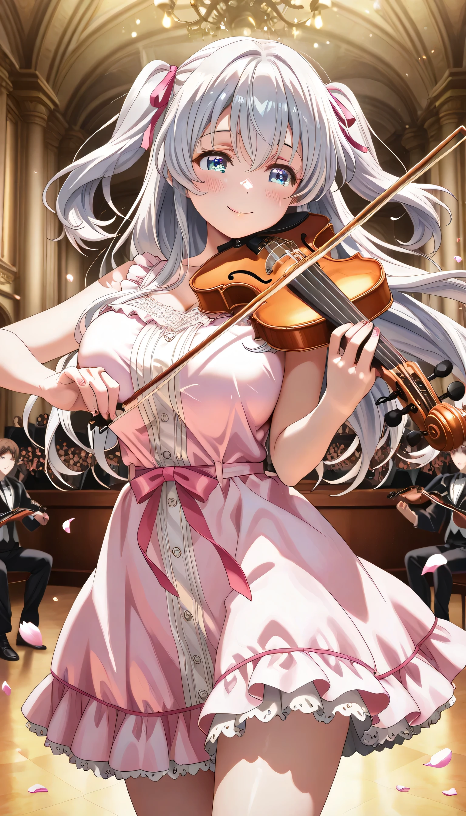 ((ultra-detailed)), (highly detailed CG illustration), (best quality:1.2), ultra-highly detailed, colorful composition, artistic photoshoot, 1girl, solo focus, thigh to top:, cowboy shot, moe anime character, girl, dainty facial structure, round face, rounded chin:1.2, celia-default, celia claire, short stature, blue eyes:1.3, sagging eyes:1.3, silver hair:1.3, long hair, two side up, hair ribbon with pink, play the violin, ultra-detailed violin, best quality violin, hold a bow in hand, ample breasts, leavage:1.2, pink evening dress, sleeveless, , from front, expecting, pink cheek, blush, light pink gloss slip, petals glowing and fluttering, best quality, masterpiece, standing in the classical concert hall, orchestra, String players, portrait, dynamic pose, depth of field, soft lighting, sidelighting, shine, lighting, caustics, ray tracing, smile, perfect face, lustrous skin, highly detailed face, highly detailed eyes, perfect face, perfect nose, perfect hair, perfect eyes, perfect anatomy, beautiful hair, beautiful small face, extremely detailed face, beautiful detailed eyes, beautiful clavicle, beautiful body, beautiful huge breasts, leavage, breasts squeezed together, equalize the size of the left and right breasts, beautiful thin thighs, beautiful legs, beautiful fingers, 4 fingers, 1 thumb, lovely, (very detailed background:1.0), (highly detailed background:1.0), spring aesthetic, intricate details, enjoy the performance atmosphere, spring colors palette, chromatic aberration