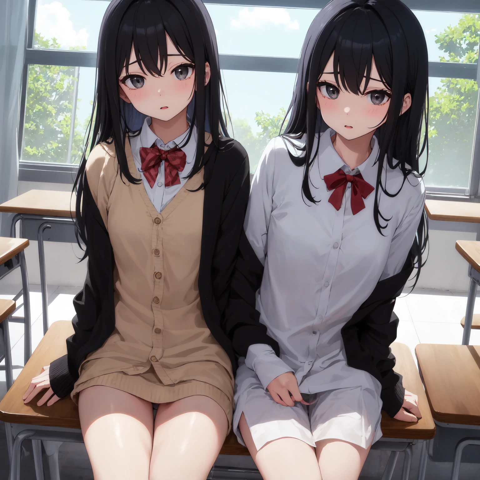 (1) Two sisters are sitting with their knees together on the sofa in the living room. My sister is pink from the gap between her skirt and thighs、My sister can see her light blue panties.
(2) My sister is a 17 year old high school student., Wearing a miniskirt uniform and socks.
(3) The older sister is a 23-year-old office lady.、She is wearing a turtleneck knit, a plaid skirt, and black socks.。.
(4) My younger sister has semi-long black hair..
(5) My sister has long brown hair.
(6) The two women have mischievous smiles on their faces..
(7) Both women&#39;s breasts are not that big..
(8) The location is the sofa in the living room of the apartment..