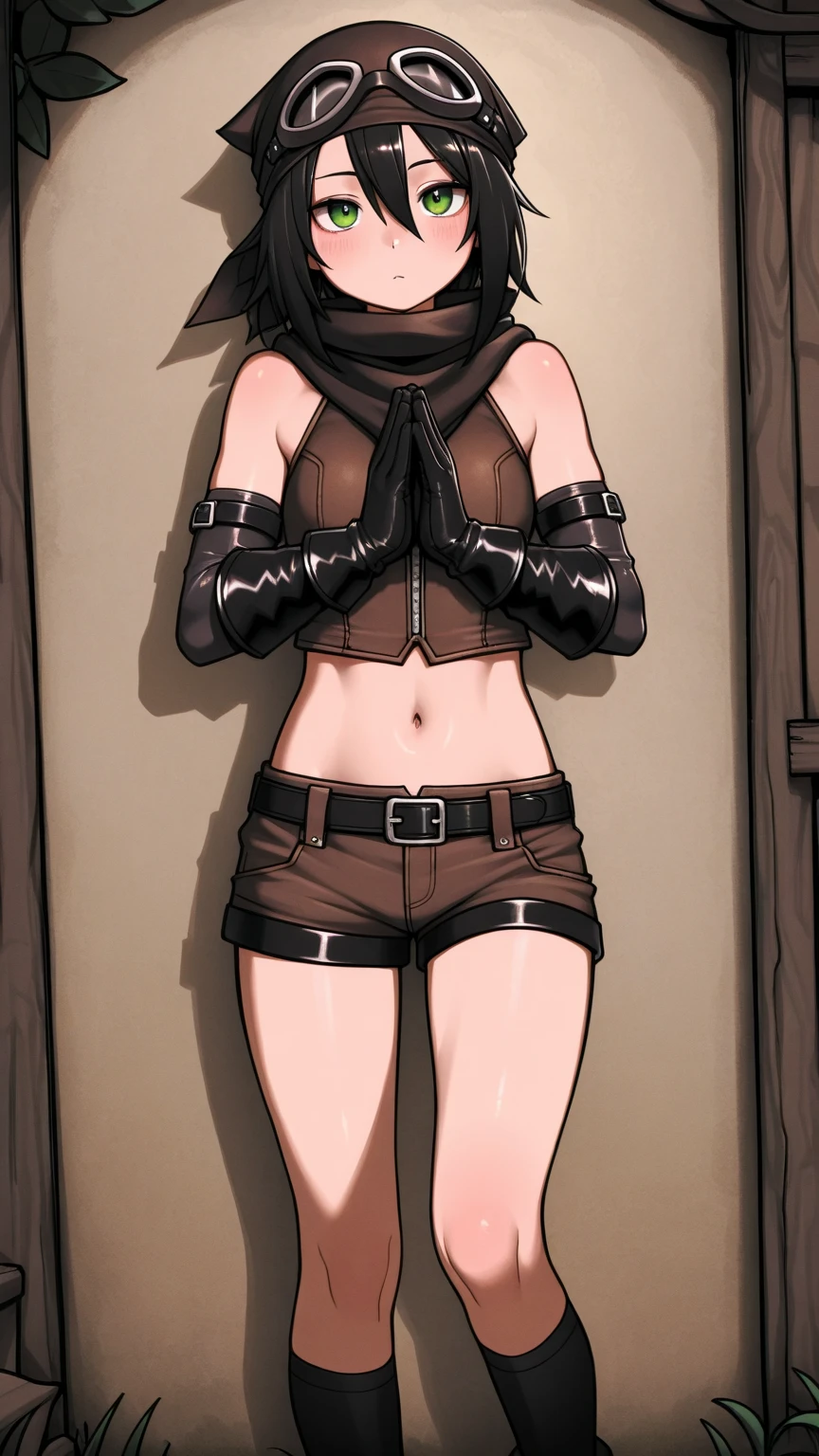 Male arab warrior, solo, medivial, black balaclava, black bandage, black clothes, thin waist, skinny body, makeup, black eyeliner, femboy, choker, light skin, black long gloves, nude penis, penis, kneeling, holds his dick 