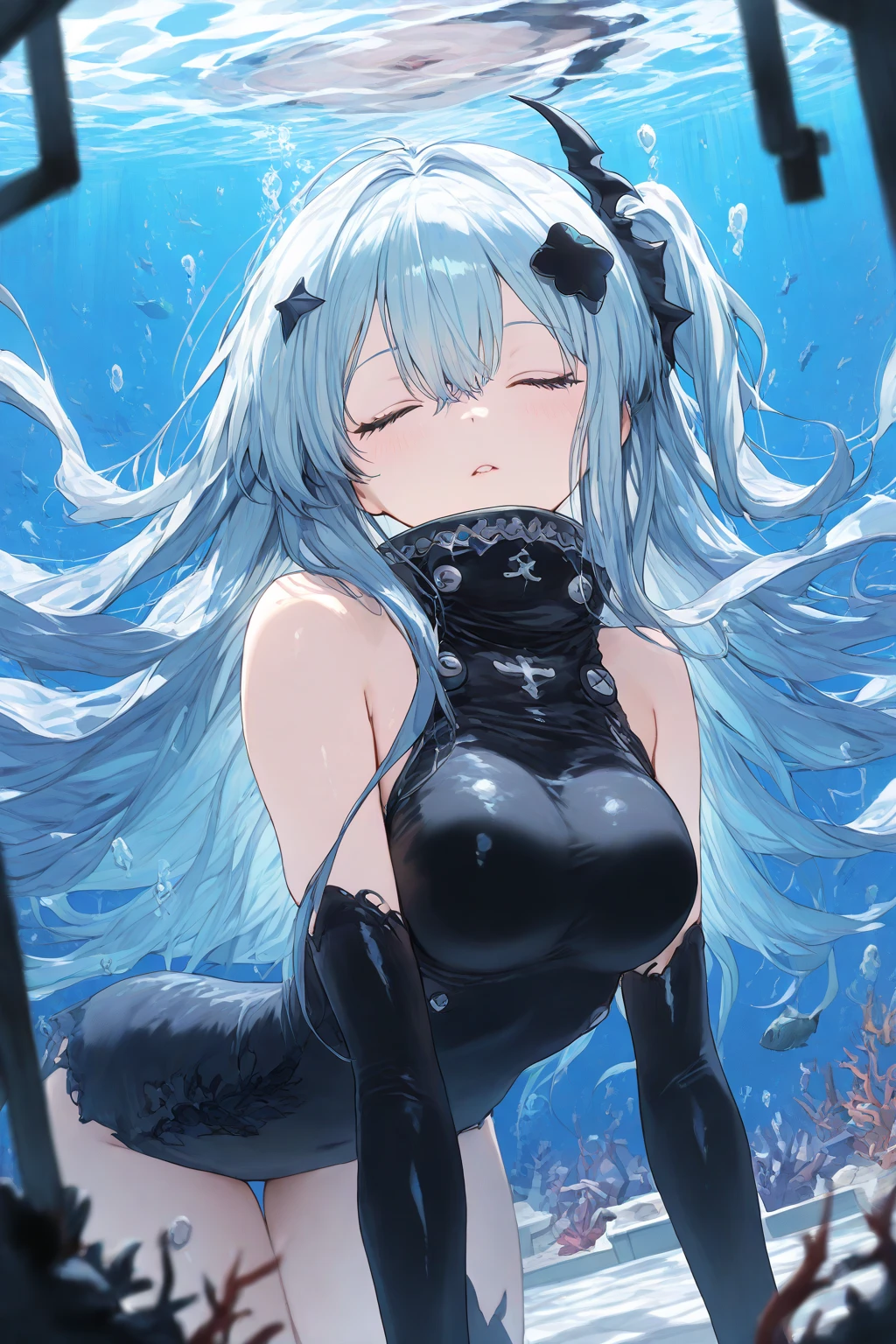 8k wallpaper,tmasterpiece,cinmatic lighting,top Quority,illustratio,Dramatic angles,((a color:1.1)),((Colored inner hair:1.4)),
1girll, solo, long blue hair, SakuraNS, Pink eyes, Cross necklace, parted lip, a white choker, liquid hair, Light blue hair, By bangs, By bangs, From the side Side, contours, The upper part of the body, blue hairs, simple backgound, blue back ground, exposed bare shoulders, sportrait, looking at viewert, white dresses, hairsbetweeneyes, colorfulhair, under ocean Background, ocean, 耳Nipple Ring,jewely, majestic ocean creature, under water, under the ocean, wet hair, sea, seaweeds, kelp