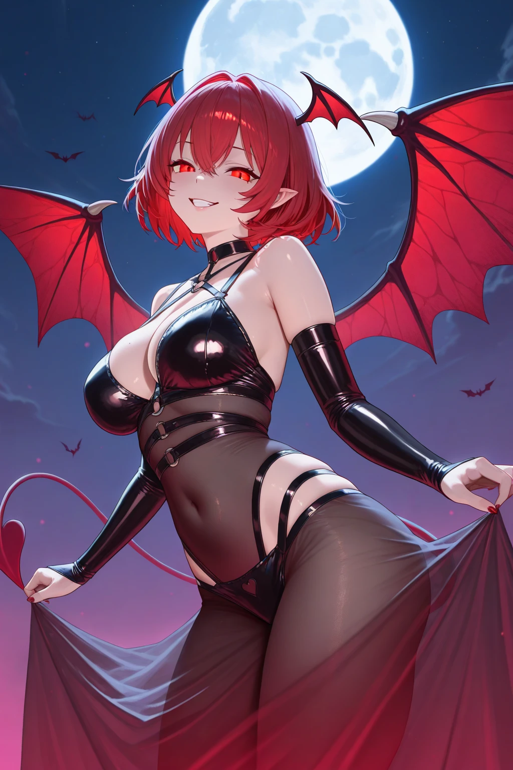 1girl, breasts, chest jewel, head wings, solo, large breasts, red hair, morrigan aensland, wings, animal print, bat print, short hair, red eyes, print legwear, swept bangs, leotard, bat wings, cleavage, bangs, tiara, bare hands, bare shoulders, black leotard, looking at viewer, simple background ,sexy , (garterbelt), stockings