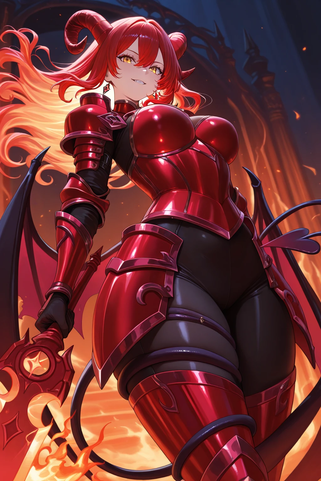 (masterpiece, best quality), outdoors, dark misty burning village, cowboy shot, 1girl, solo, Karlach, demon girl, colored skin, red skin, dark skin, full body, armor, armored pants, holding axe,