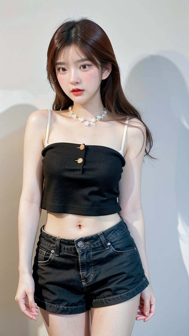 (1girl:1.3), solo, _ Kim Ji-ni Jennie face, wearing red armband sweater, cropped style, white bandeau underwear, shorts, sexy, cute, white socks, full body photo, looking at the audience, world-weary face, cold eyes, Korean style photo photos, photographic lighting, strong contrast, sunlight on the face, world-weary face, high-end sense, 8k resolution image, intricate symmetrical details. Smooth action, full picture.