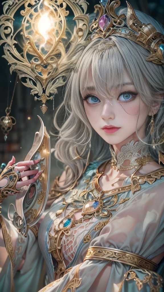 castle in the distance、face is in front、looking at camera、profile、8K、real photos、ultra high resolution, master parts, highest quality, ticker , cinematic images,nice girl、Ann、16 only、Annグロサクソン、double eyelid、droopy eyes、very big eyes、eyes are purple、dark eyeshadow、lips are very thin、The tip of your nose grows beautifully.......................................................、small nose,,,,, very detailed , silver hair、straight short hair、smile、 sweet expression 、）、very clear shadows , jewelry , fine eyes, Very difficult, shiny skin , パーフェクトブリリAnnト, perfect sentence, dramatic shadow、white tiara on head、gold necklace around neck、White aristocratic dress with gold embroidery、glass high heels、angel white victory
