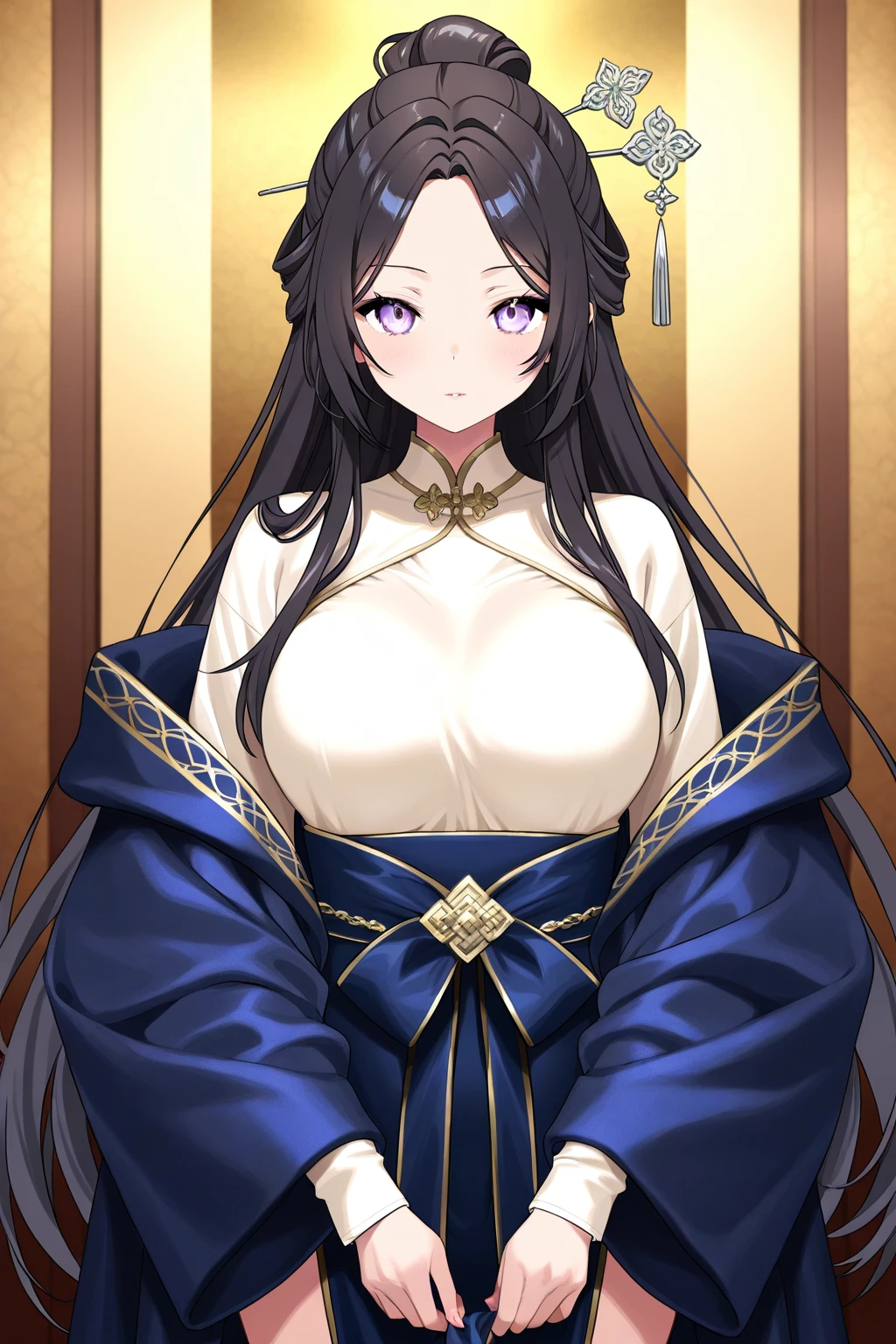 Tall girl, Long brown hair, high ponytail, The eyes are golden, Purple Hanfu, neckline on the chest, Masterpiece, hiquality