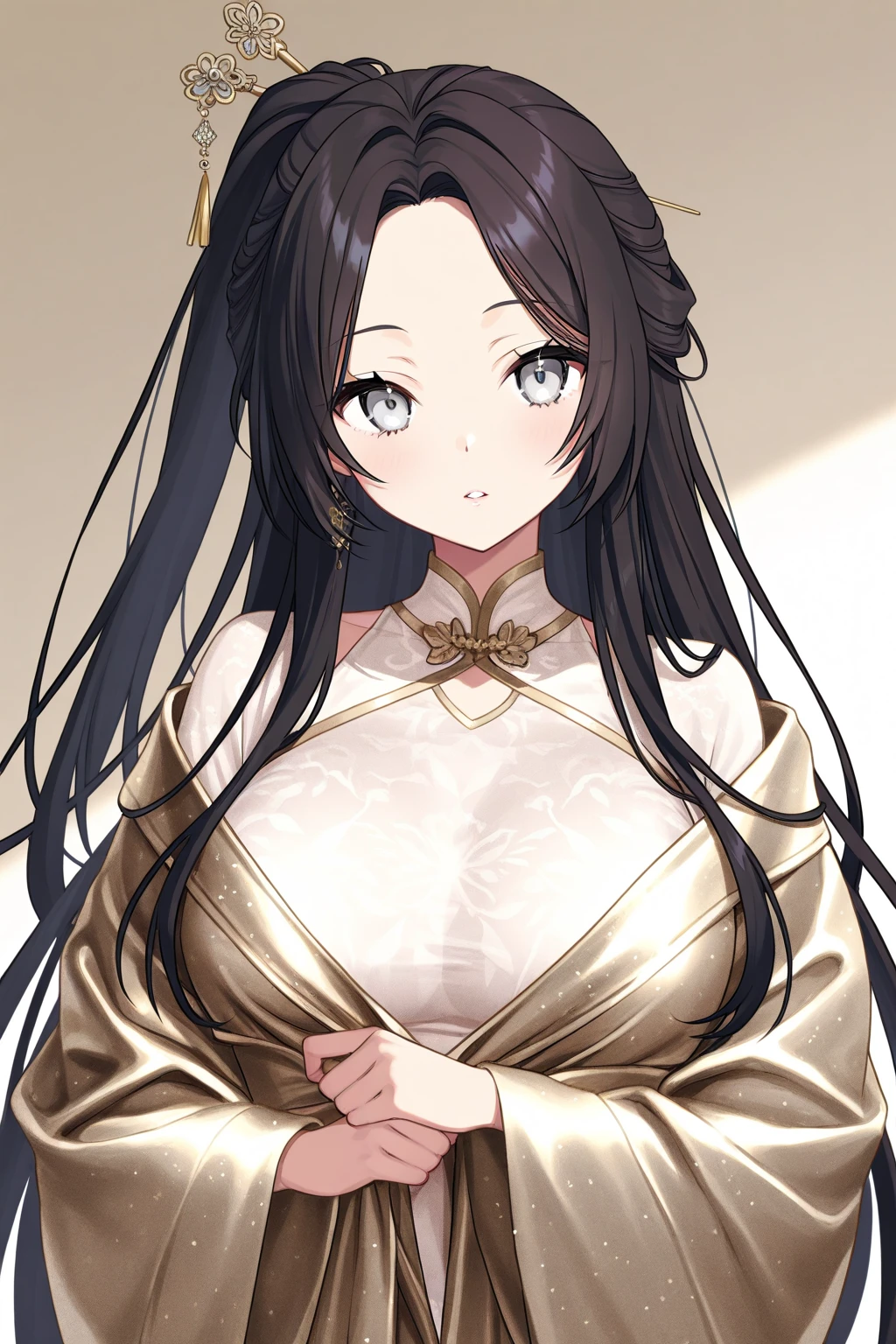Full-length portrait of a woman with long brown hair、Black knitted dress、Big Breasts、