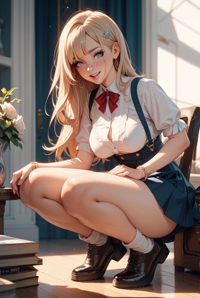 (A beautiful young Japanese woman), nsfw, Detailed Background, (((独奏))), ((Excellent anatomy: 1.2)), (Golden Hair, Wavy long hair), Big Tits, (dark skin:1.5), (green eyes), (tall), (Beautiful Eyes), (Short sleeve white shirt), (bow), (Red checked mini skirt:1.5), (loose socks:1.3), (loafers), (grin), (Golden bracelet), (Hair Accessories), Gold Necklace, Earrings, Sitting in an outdoor café, Beautiful thighs, spread legs, Drinking iced coffee