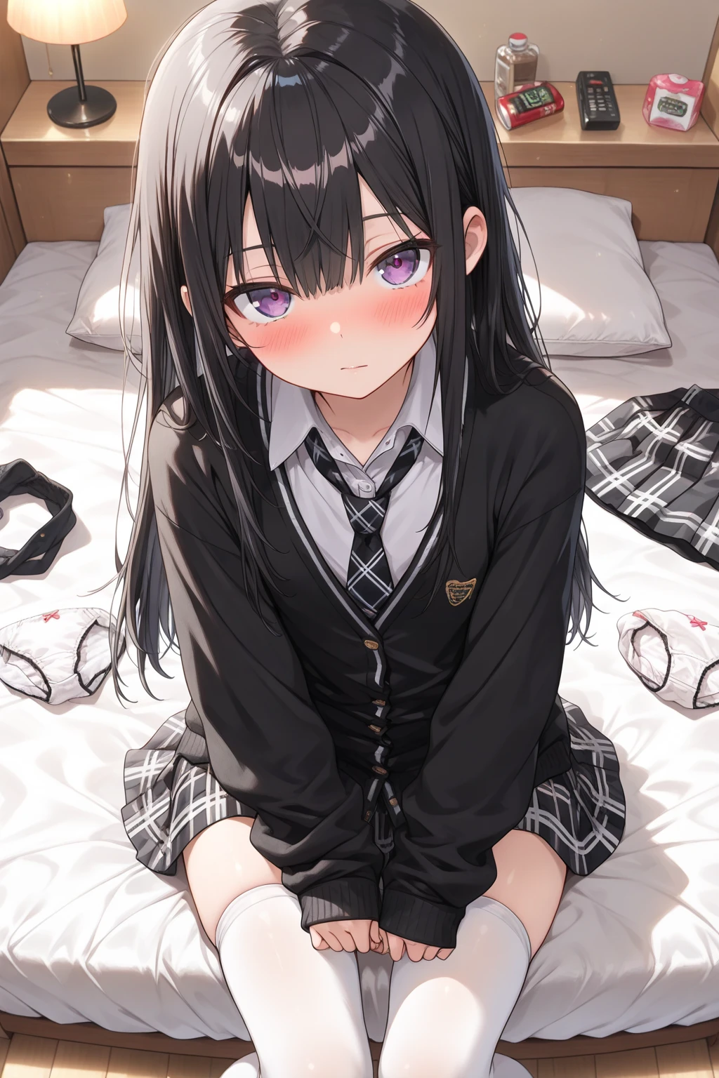 ((masterpiece, masterpiece, Highest quality, Super Definition, High resolution)), alone, beautiful girl, Shining Eyes, Perfect Eyes, 16 years old, Blue Theme, Straight long black hair、Red and black hair、Small breasts、(((night:1.5, Love hotels in Japan、On the bed、Lying down、Pink lighting:1.6, Dark Room:1.5,Black high school girl uniform), Happy ahegao:1.5
