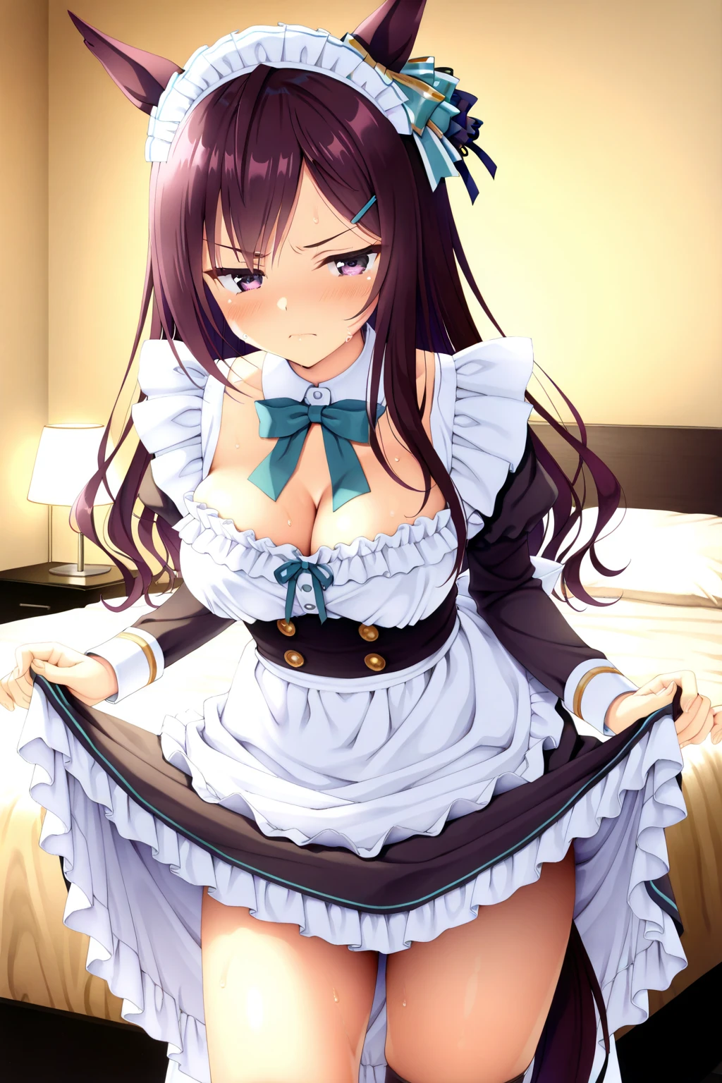 ((close:1.4)、(RAW shooting:1.2)、(realistic:1.4)、(masterpiece:1.3)、(highest quality:1.4)、alone、7 head and body、(slender and beautiful girl)、cute、(Medium chest:1.2)、(cleavage)、(erect nipples:1.2)、(full body shot)、8K、(pieces fly:1.2)、(ribbon、Mini skirt that shows pants、knee high socks:1.3)、view audience、blush、ribbonボンデージ、(beautiful hands)、(beautiful thighs)、(twin tails:1.2)、(maid:1.3)、(sexy pose:1.2)、obscene、erotic、cute系、ancient capital、(perfect anatomy:1.2),Kaori Fukamachi,
