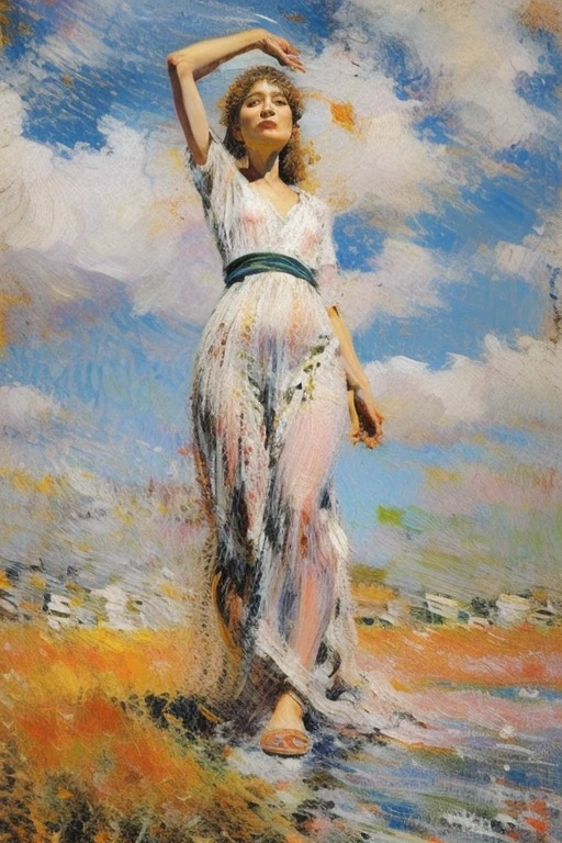 Blonde woman, moving left, arms raised, long blonde hair, bra, white skirt, looking right, shock on face, realistic, strong backlighting, photo look, inspired by john singer seargent