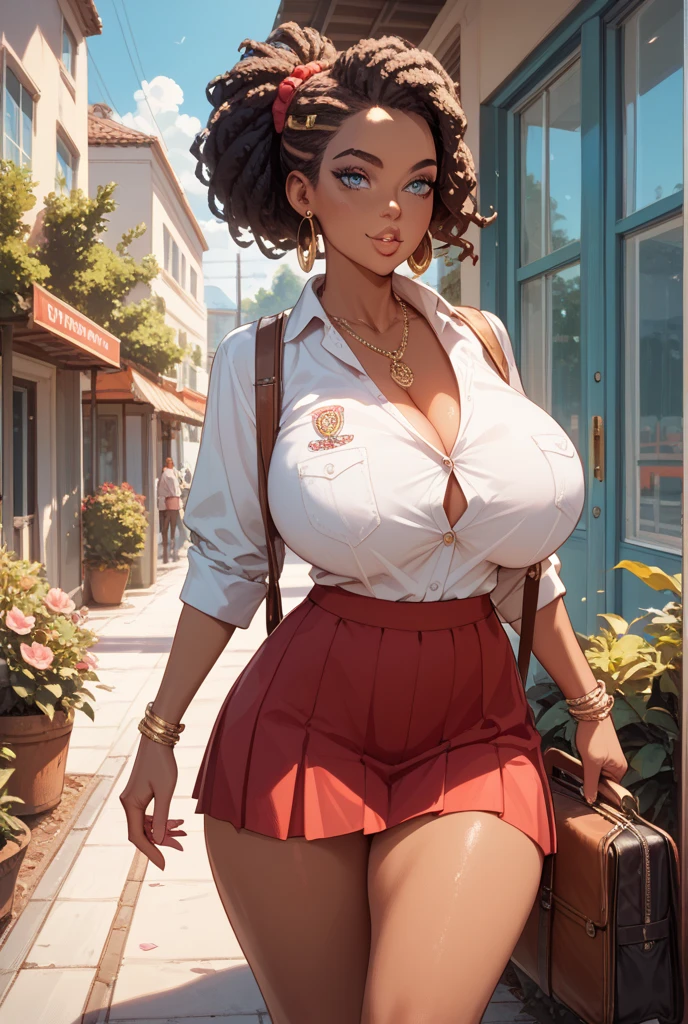 (best quality,4k,8k,highres,masterpiece:1.2),ultra-detailed,realistic,sexy high school girl with orange hair in a garden setting,beautiful detailed eyes, beautiful detailed lips,extremely detailed eyes and face,long eyelashes,flawless skin,pink panties peeking from under the skirt,gorgeous pink and black ,fitted skirt accentuating the curves,plaid pattern on the skirt,cropped white blouse,unbuttoned top buttons,large round breasts,confident and alluring pose,sunlight filtering through the trees,soft warm lighting,floral background, vibrant colors,portraits,high contrast,color grading with warm tones. Bulma