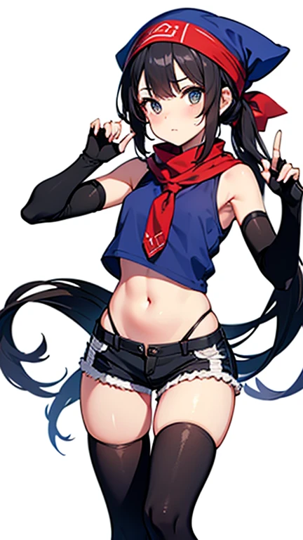Anime - a stylistic image of a woman,Wear a black bandeau,Black skirt and red apron, Katana Zero video game character, Anime Gothic Girl, Vampires, Main character, black and reddish color armor, dressed in crustpunk clothing, Female protagonist,Yellow glowing eyes,Black belt with gold buckle,Black gloves,Black and red scarf,8K,musculature,Hair tied up,Black and red flags,bandagens,Scars on the stomach,A teasing smile,robotic hand,Mermaid line,musculature,Hold on to the wall,Ambiguous eyes,shadowing,High-fork panties