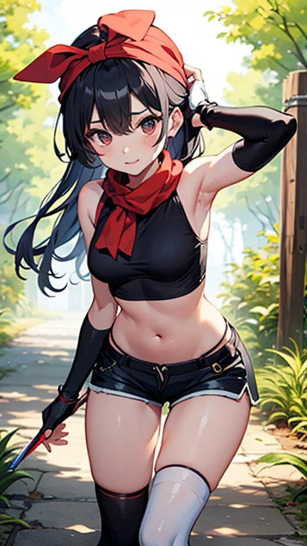 (masterpiece, best quality:1.2), cowboy shot, solo, 1girl, yukinoshita yukino, ((wide smile face:1.4)), ((looking at viever:1.4)), ((black tank logo:1.4)), ((Sky from above:1.4)), ((black lace panties:1.4)), ((full body)), ((kneeling on grass)), ((underboob:1.4)), outside, ((blushing:1.4)), ((armpits)), ((hands behind head:1.4)) ((school shoes:1.4)), ((black short socks:1.4)),