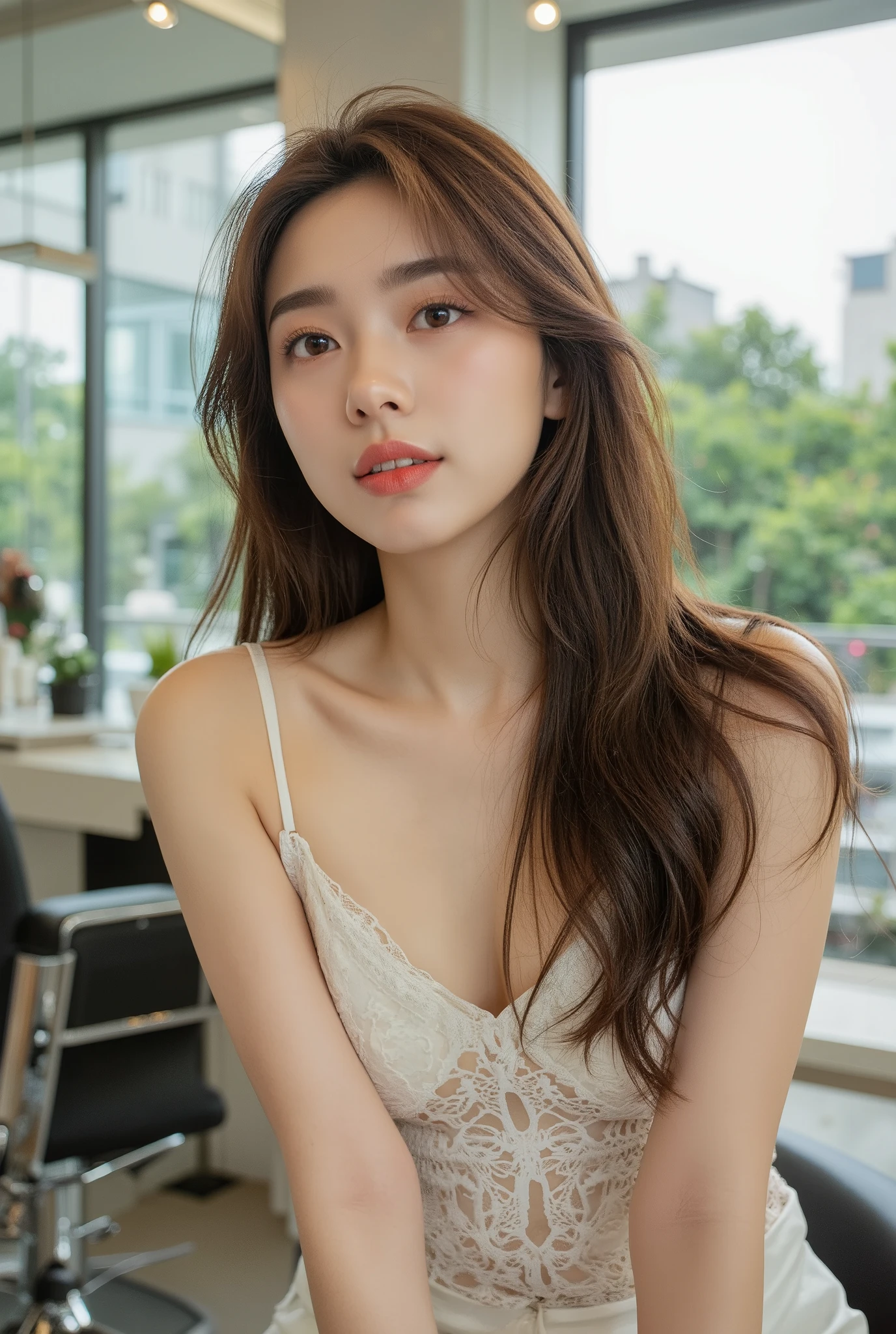 (((Masterpiece, ultra detailed, ultra quality, 8K, Photo-realistic))), A beautiful young woman with long, dark brown hair in layers, ((soft, see-through bangs)), sits indoors in a modern glass-walled salon. (((She is wearing a sleeveless white lace top with thin straps))). The woman is leaning forward slightly, pouting her lips as she looks to the upper right. Her makeup is soft and natural with glowing skin, prominent eyelids, and a glossy lip. The background features a sleek salon chair, a large window, and natural greenery outside. The lighting is bright and natural, ((photo taken from a slightly low angle, medium close-up)). Sexy woman, perfect face, v shape face, (thin cheeks), natural face, ((fuller body)), (lying silk worm), slightly curvy body.