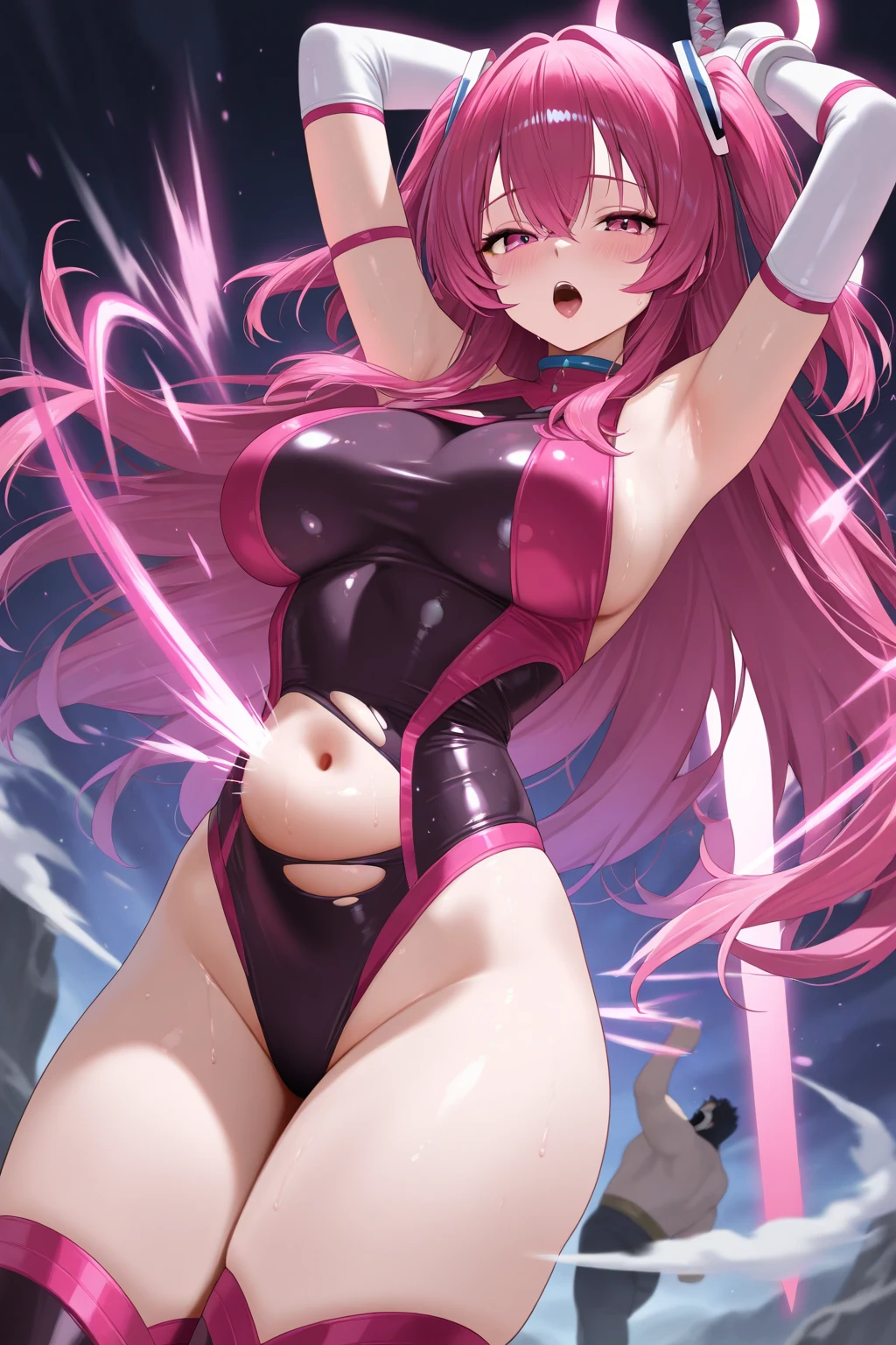 (masterpiece, hyper detailed anime face, hyper detailed anime body, lacus4, slim shoulders, slim body, clean slim anime, idol, forehead, hands behind back, big cheeks, collar bone, floating hair), 1girl, solo, long hair, hair ornament, shiny pink hair, cleavage, big blue eyes, torn simple Metalica BIKINI, pink hair, detailed fingers, medium boobs, nice smile, arm band, shy, naval, unreal engine
