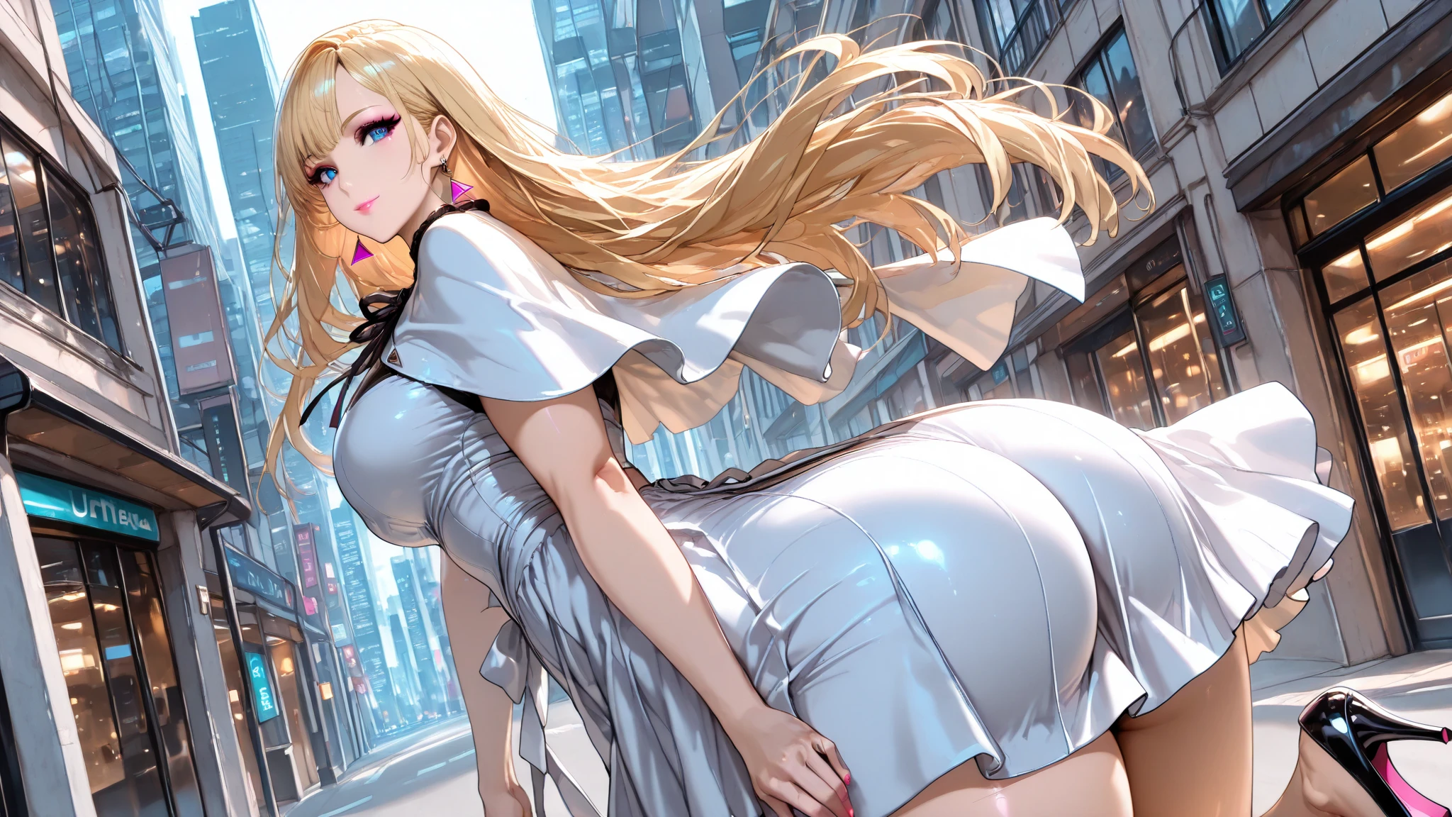 Official Art, masterpiece, Clear focus, (beautiful, Beautiful and cute Korean woman:1.3), (Beautiful and cute Korean:1.3), Korean beauty, 精致beautiful头发、Eyes and face, actual, Super detailed, beautiful女孩, Blue sky, Glowing white particles, (Side Light:1.2), Sunlight, White Cloud, Detailed clouds, Slim, Such a cute big ass, Smile with teeth bared, ((Smile with your eyes, Open your eyes)), landscape, Long straight hair, sexy facial expression, architecture, (city View:1.7), Dynamic Hair, very Long straight hair, Delicate platinum-blonde hair, Green Eyes, Pink skirt, Black socks, Pale skin, Hair accessories, epic landscape,，White high heels，Nice ass，beautiful buttocks，There&#39;s nothing under the skirt.，weight loss