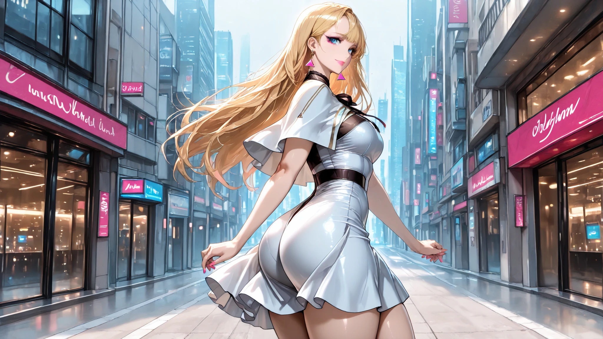 (((masterpiece))), (((best quality))), ((ultra-detailed)), (illustration), ((an extremely delicate and beautiful)), ((super detail)), ((high resolution)), (((20 years old))), metallic cloth, (cheerleader), ((android)), delicate metal decorations, gleaming skin, shiny body, two legs, breast focus, (((tall))), slender legs, ((big round eyes)), cute eyes, drooping eyes, ((adult)), two hands, five fingers, no extra hands, elegant smile, braid, medium length hair, ((metallic blue)), (see-through), (ash blonde), (ultra-huge breasts), (shining brightly), outdoor, mini skirt, city, daytime, ((biopunk)),