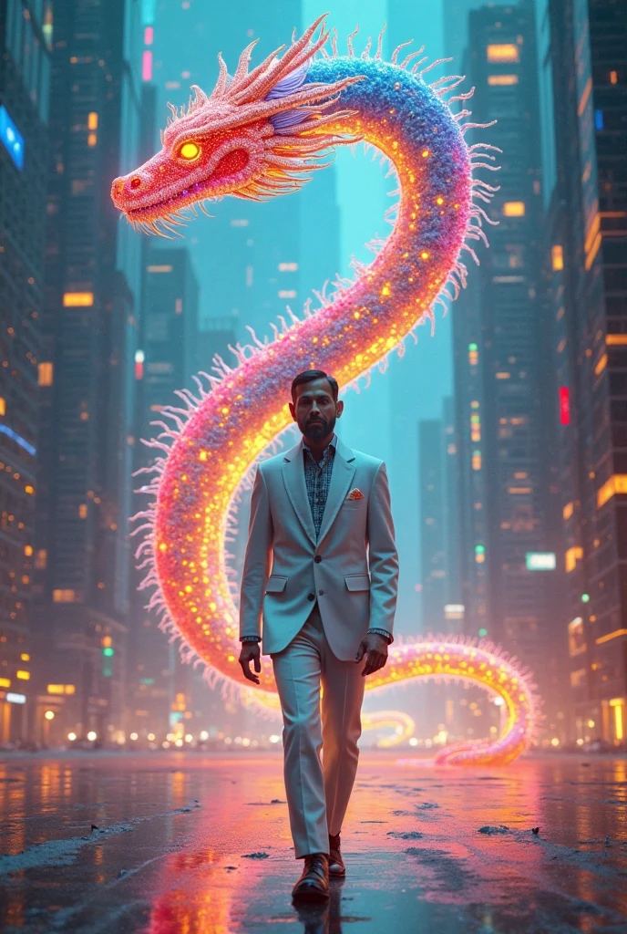 an old man stands next to a dragon, Chinese, cyber punk perssonage, Dragon in the background, Mechanical elements,rainbow,holograph,chinesedragon,loong