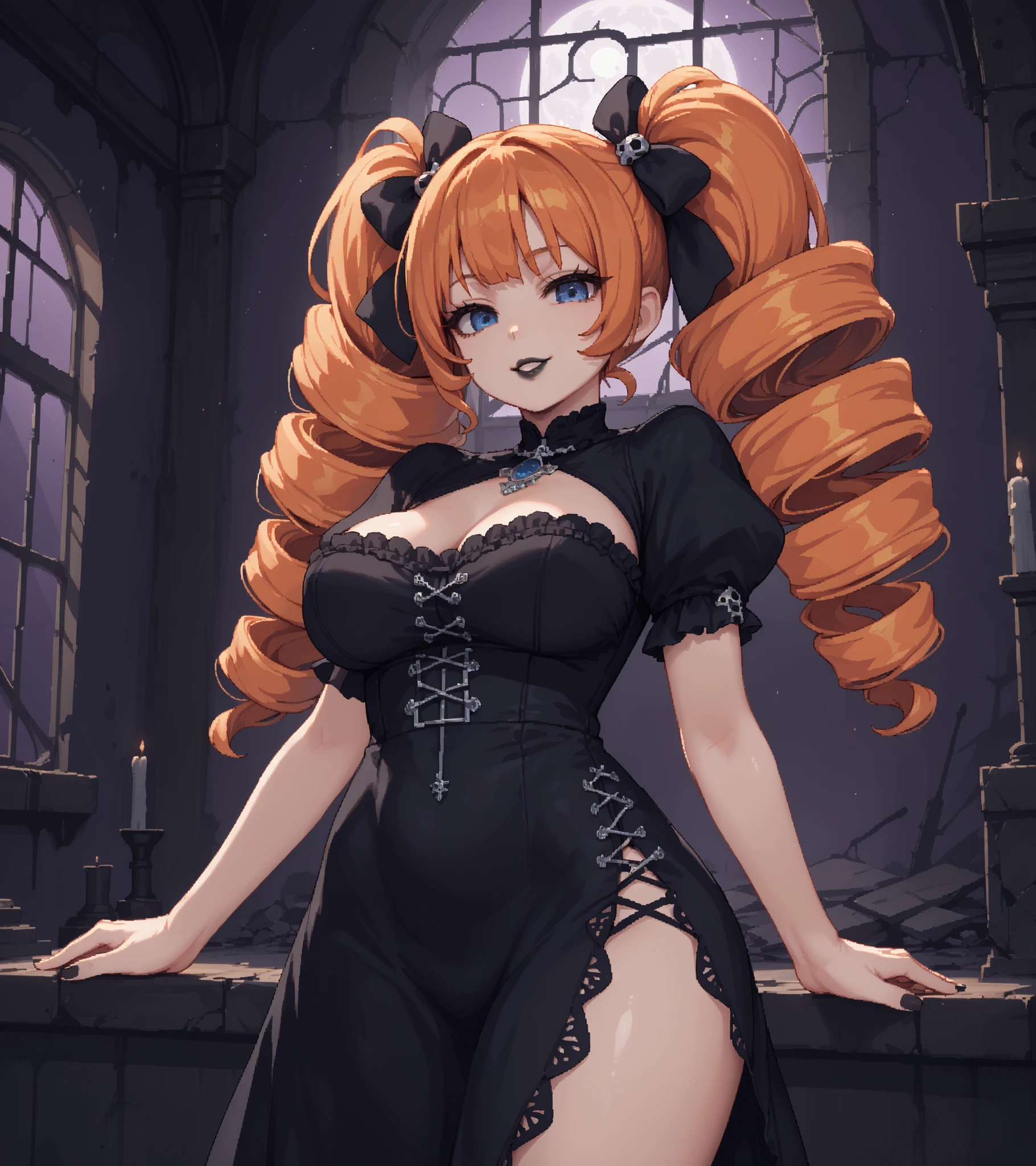 score_9, score_8_up, score_7_up, source_anime, solo, pixel art, mega twin drills, big hair BREAK 

Orange hair, blue eyes, large breasts, hips BREAK 

Gothic dress, black dress, puffy sleeves, short sleeves, black lipstick, (pale skin) BREAK 

Looking at viewer, emotionless face, light smile, standing, indoors, (abandoned mansion), crumbling walls, (purple walls), ((night sky, dark clouds), window, fullmoon
