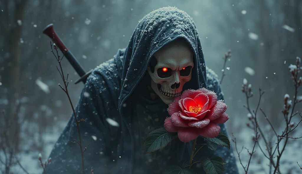 War background, Dead soldier face, glowing red eyes, Broken white heart at the center, Chaos, blood, sadness, Skull mask, roses, male