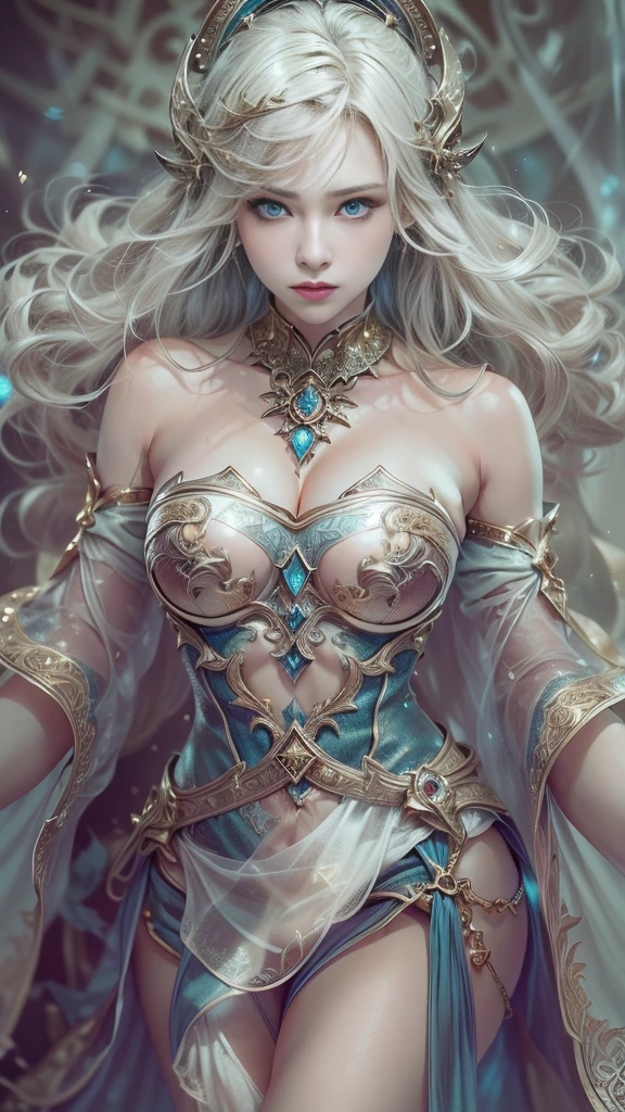 (RAW shooting:1.5, Photoreal:1.5, 8k, highest quality, masterpiece, ultra high resolution), magical world, perfect dynamic composition, Mysterious:1.3, Highly detailed skin and facial textures:1.3, Cute and sexy slim female wizard, beautiful and aesthetic, cute and sexy beauty, perfect style, wear elaborate rings, pose to cast a spell:1.3, fire, water, Wind, thunder, ice, Fair skin, very beautiful face, (Medium chest, Chest gap), (embarrassing smile, The expression on your face when you feel intense caress, Facial expression when feeling pleasure), (How to properly wear a metallic wizard costume off your shoulders), (beautiful blue eyes, Eyes that feel beautiful eros:0.8), (Too erotic:0.9, Bewitching:0.9), full body shot