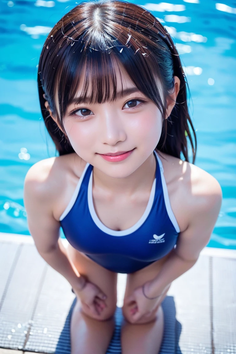 Tabletop, Highest quality, one girl, (Beautiful girl, cute:1.3), (15 years old:1.3), Very fine grain definition, (Symmetrical eyes:1.3), Browsing Caution、masterpiece、((Brown fox ears))、(Navy blue school swimsuit for junior high school students:1.3)、Shining Breasts、1 Japanese girl、Adorable expression、Expressions of Happiness、14 years old、Young Face、かなりcute、Black Hair、Scrunchie、light makeup、A big bust that seems to burst、mansuji、This photo was taken at the junior high school pool..、Shining thighiddle school student pose、Bare arms、smile、An inviting gaze、Cowboy Shot