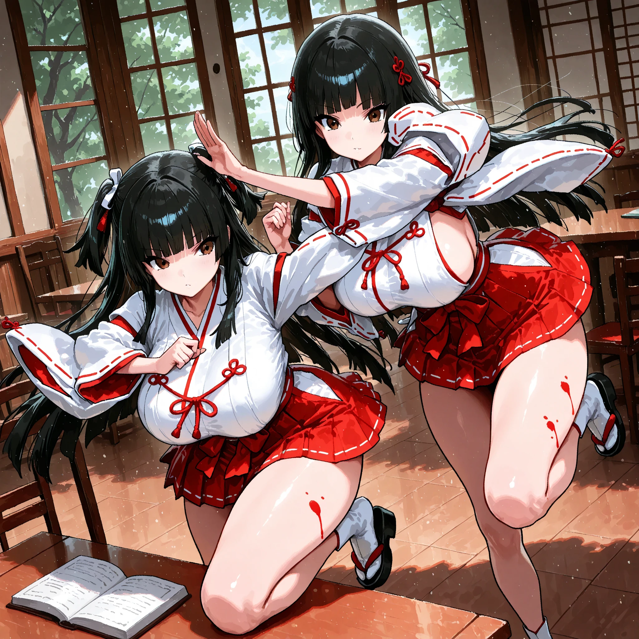 masterpiece, Highest quality,One girl,Single Blade,Black Hair,Long Hair,blue eyes,kimono,Short sleeve,blue short kimono,Pink ribbon,sash,Torn clothes blush,My tooth was damaged,embrrassed,Make a frown,tears,Hollow Eyes,Irritation,The body is slim,Small breasts,Sweat,Suppressed,Put your arms behind your head,Raise the hand,bound,Lock,Locked,defeat,Bondage,Imminent Rape,rope,shibari,Cowboy Shot,handcuffs,bondage,indoor,Japanese style wooden room_horse,rubbing the crotch,torture,heavy,breathe,trembling,From below, masterpiece, Highest quality, High resolution,