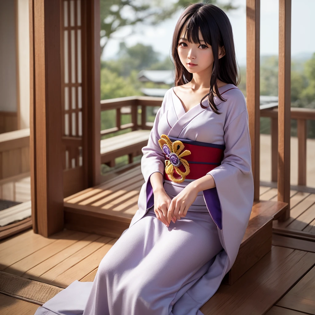 ((最high quality, 8K, masterpiece: 1.3, Ultra HD, high quality, 最high quality, High resolution, realism)) 、A stunningly beautiful 22-year-old Japanese woman、hair color is black、black eye、medium hair、straight hair、smile、Slender but well-proportioned muscular body、Athlete-like body type、I don't want my head to disappear from the screen.、Wearing accessories on your wrist、Wearing red nail polish、I have a peticure、Sitting on the veranda of a Japanese house in the Japanese countryside、It's summer、A wind chime is hung in front of the eaves.、barefoot、Fanning oneself、A courtyard spreads out in front of the verandah.、wear a yukata
